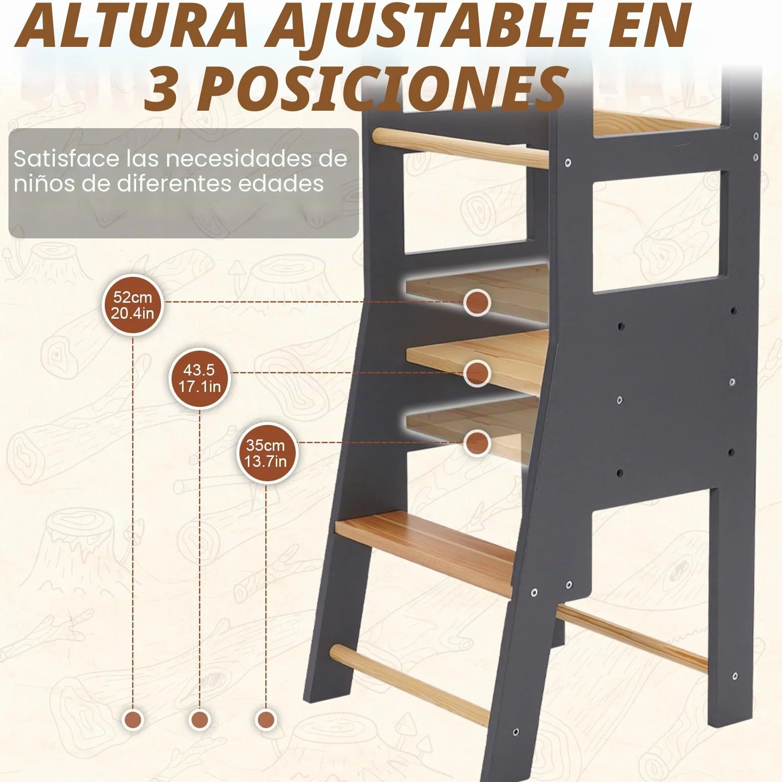 Torre Aprendizaje Montessori Altura Regulable Barandilla Seguridad Taburete Bebe 2 Años Cocina Baño Sala Estar Dormitorio Negra