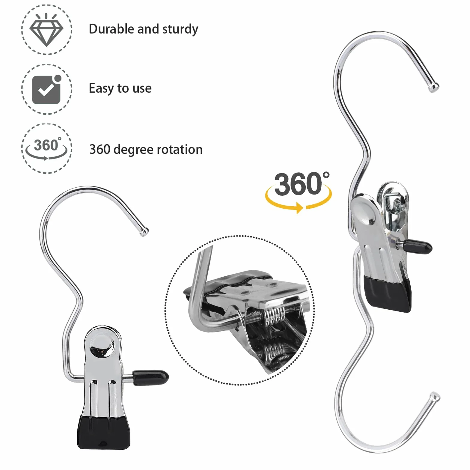 20 Perchas Clip para Colgar, Ganchos Pinza, Percha Botas, Pinzas de Metal Versátiles con Rotación de 360°, Diseño 2 en 1 con Pinza y Gancho, Adecuadas para Ropa, Zapatos, Pantalones, Toallas