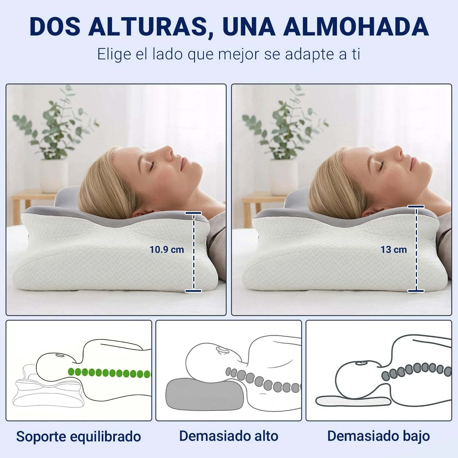COSYLAND Almohada Cervicales y Cuello - Espuma Viscoelástica, Diseño Mariposa con Soporte Ergonómico y Transpirable, para Dormir de Lado, Boca Arriba y Boca Abajo, 63 x 34 x 11/13 cm, Gris