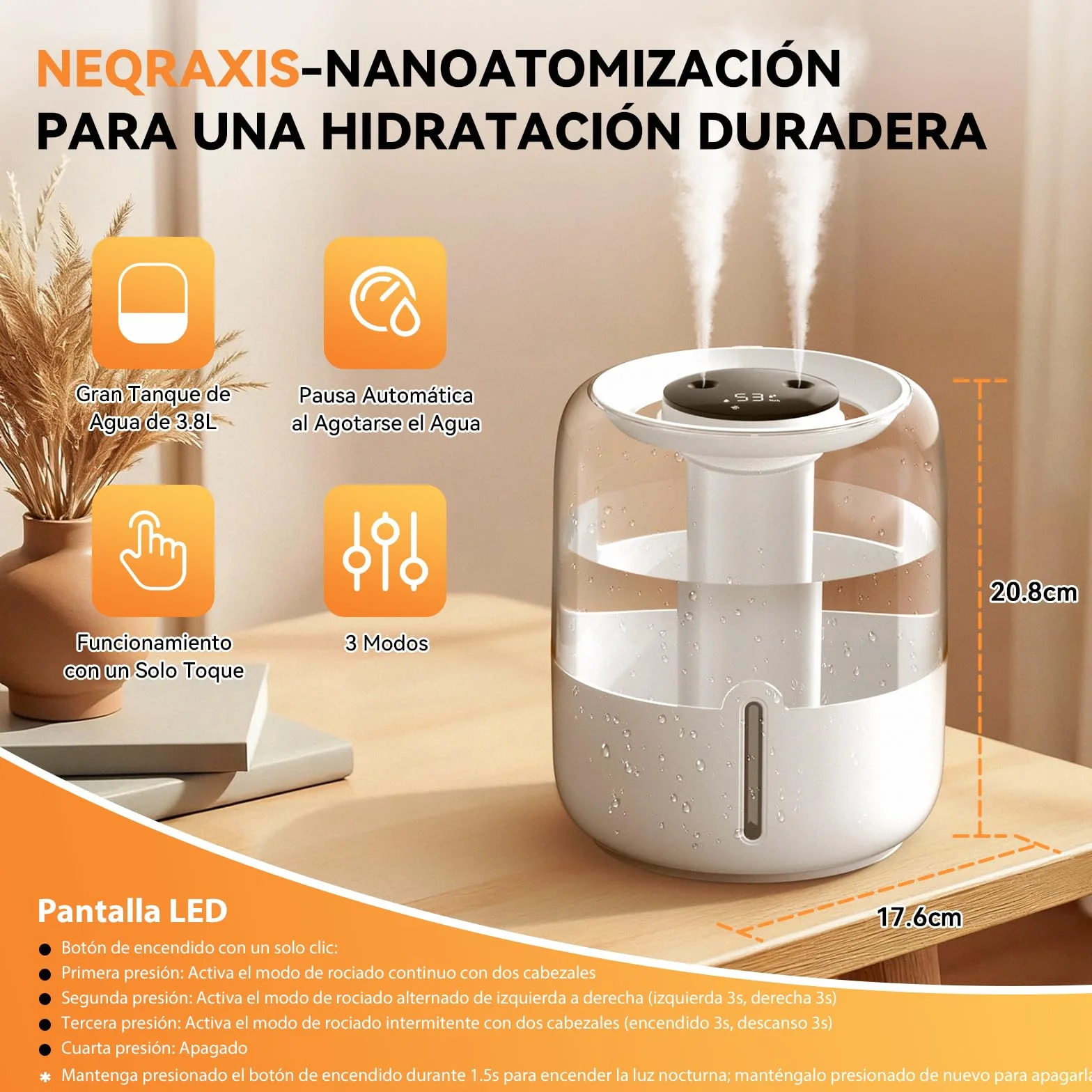 Humidificador 3.8L Top-Fill Silencioso 36dB 30H Autonomía Luz Nocturna Apagado Automático para Bebés y Plantas
