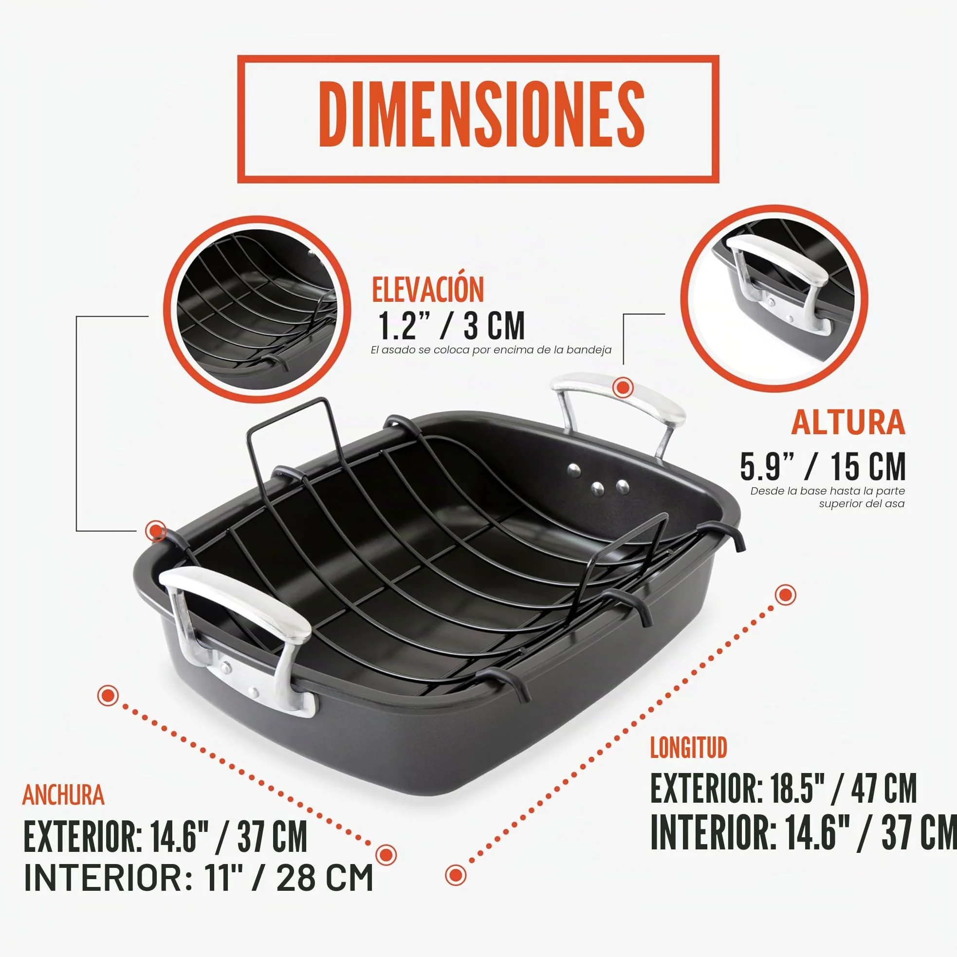 Chef Pomodoro Bandeja Deluxe para Asar, 47x37 cm, Extra Grande | Acero al Carbono con Rejilla en U, Ideal para BBQ