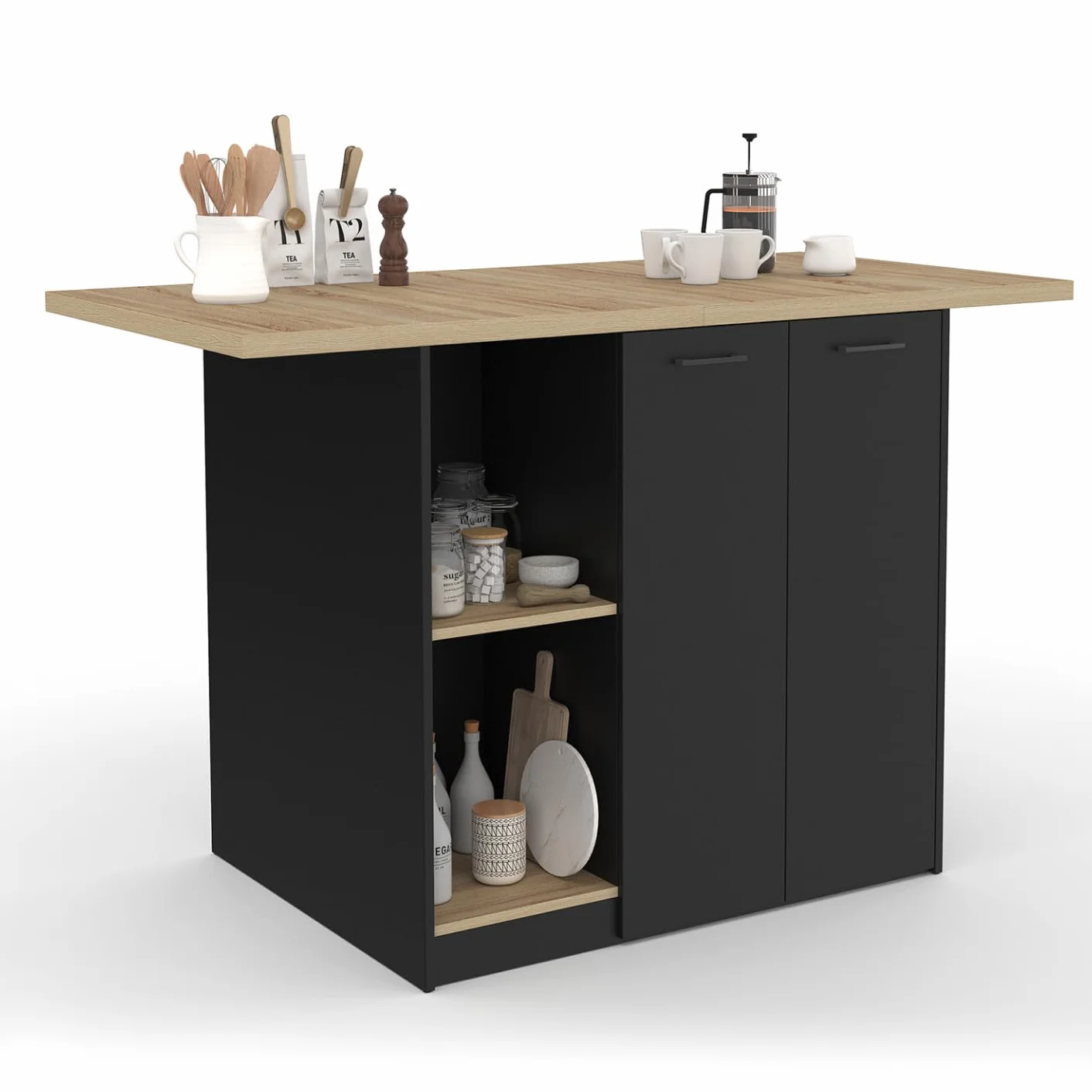 IDMarket – Ilot central BAO 140 cm 4 personas madera negra con encimera de haya