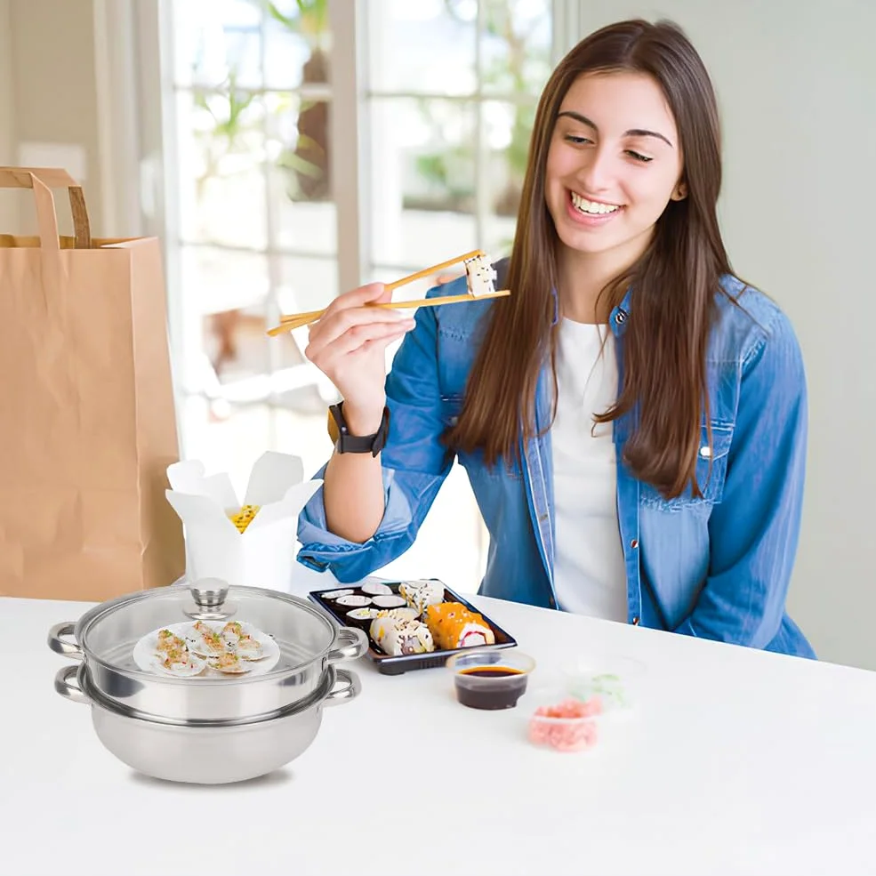 Tiiyee Steamer For Cooking, Vaporera De InduccióN Apilable Para Papas Mini Con Tapa Vidrio Cocinar Vapor Acero Inoxidable 2 Capas Olla Doble Caldera DiseñO Poroso Carne Y Ver Utensilios Cocina