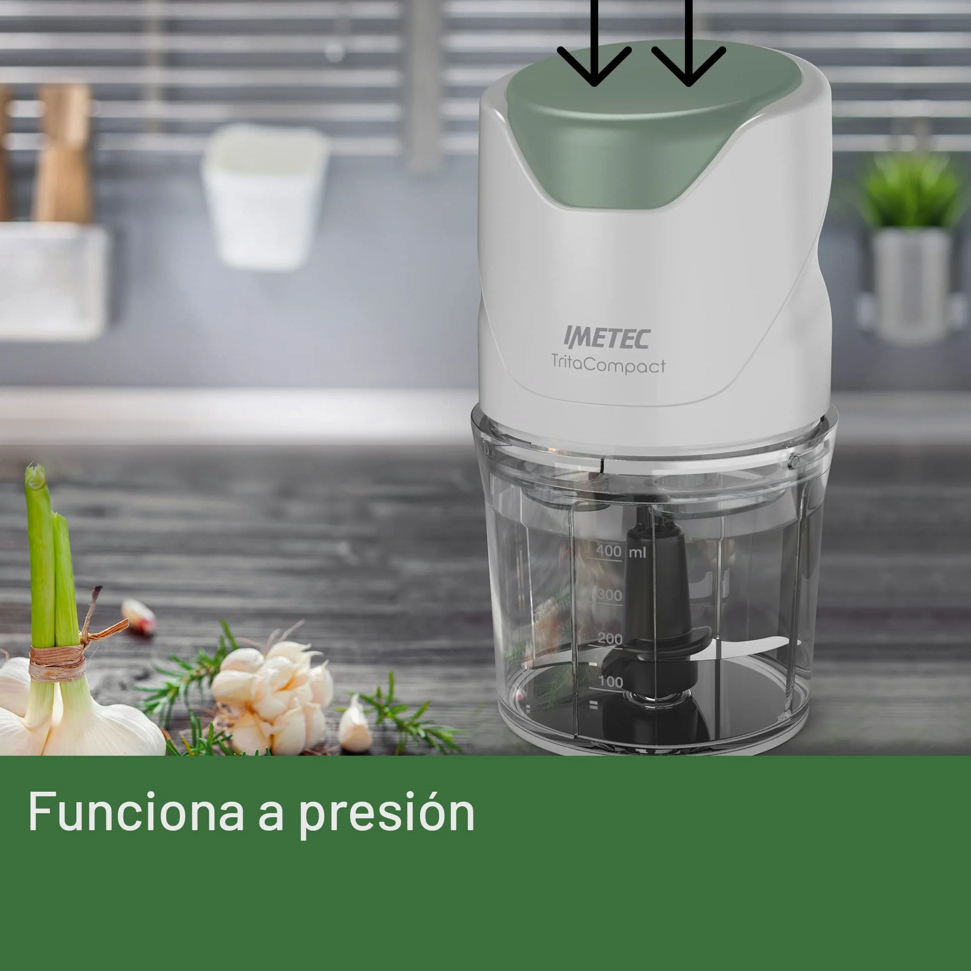 Imetec TritaCompact, Procesador de alimentos, Picadora con 2 cuchillas de acero inoxidable, recipiente de 400 ml, funcionamiento a presión, compacta, 350 W, Libre BPA