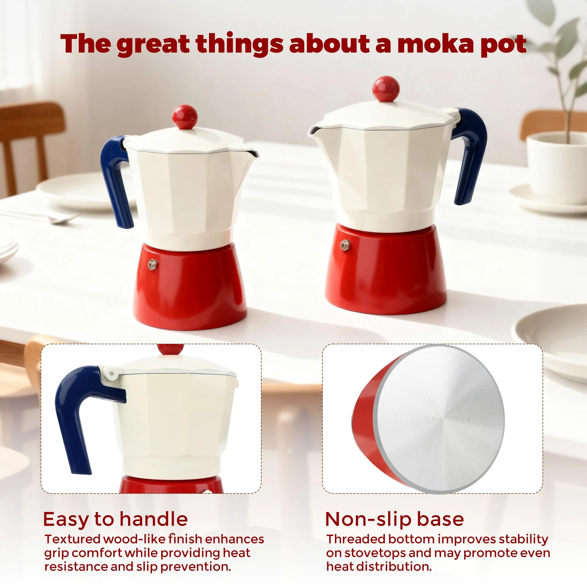 ShanSon Moka Pot - Cafetera italiana de 3 tazas de 5 onzas, cafetera italiana manual de percolador de café cubano, cafetera italiana espresso Greca para capuchino o café con leche, rojo/blanco