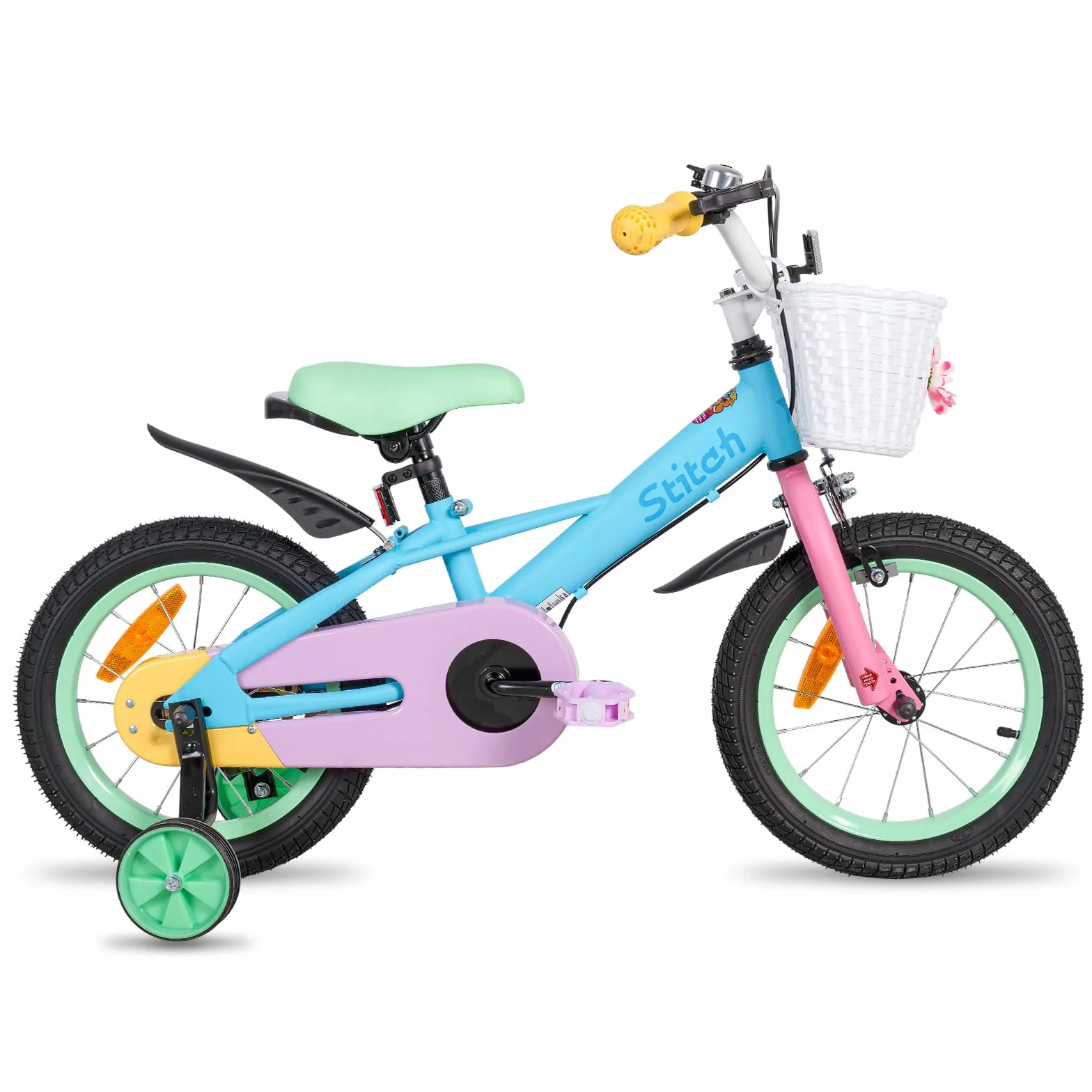Bicicleta para niño 12-18 pulgadas con estabilizador y cesta STITCH Macaron