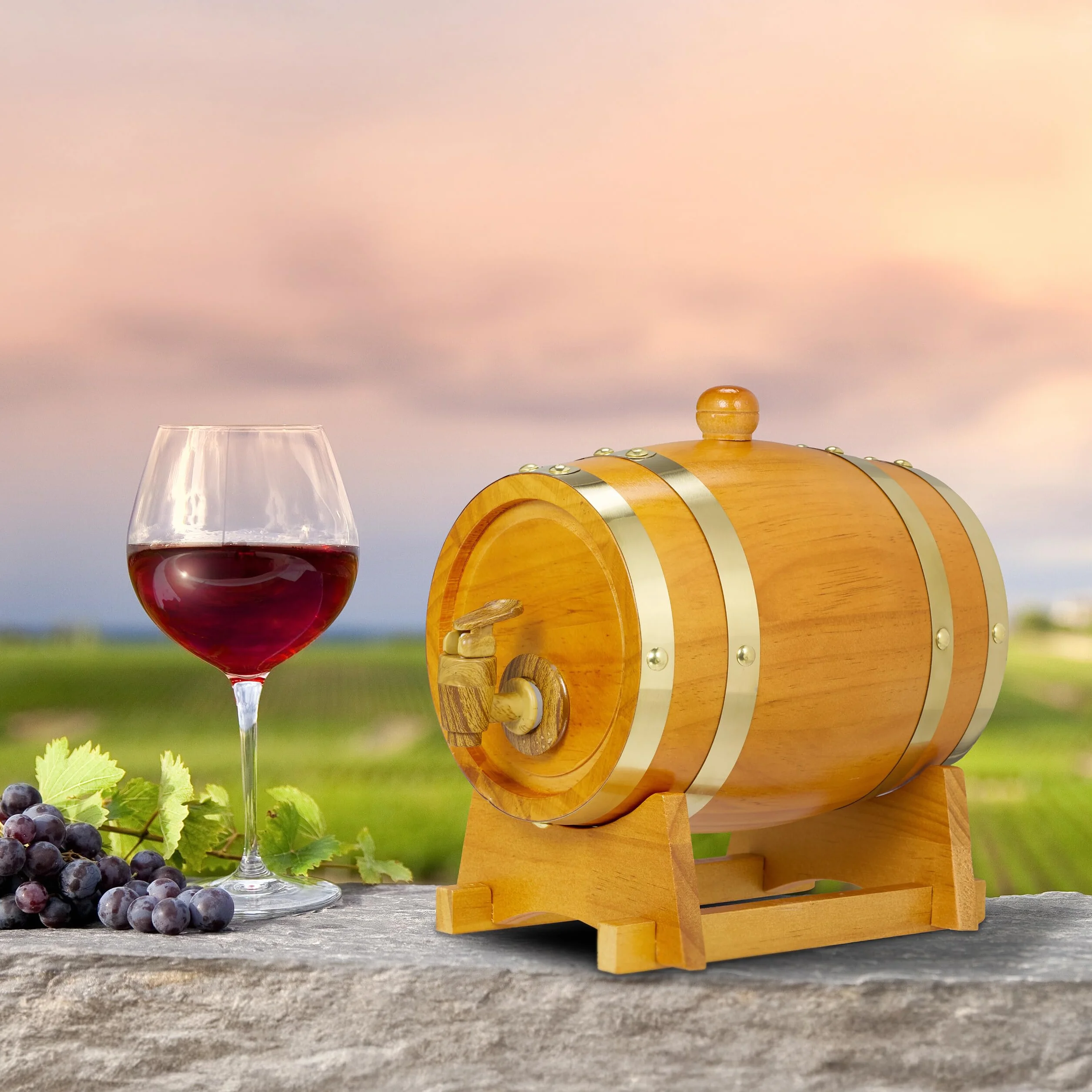 Relaxdays Barril de Madera, con Grifo y Base, Barrica 1,25 L, Dispensador de Whisky, Vino, Sidra, Licores, Rojo/Negro