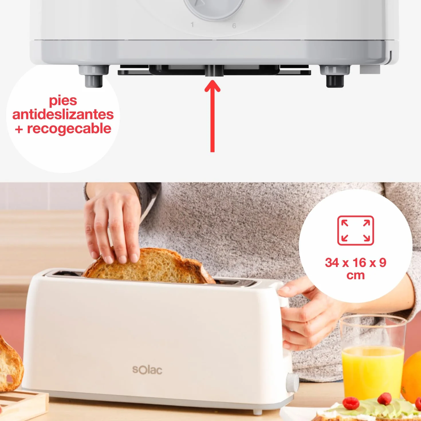 Solac - Tostador 800W, Ranura Larga, 6 Niveles, Autocentrado, Recogemigas