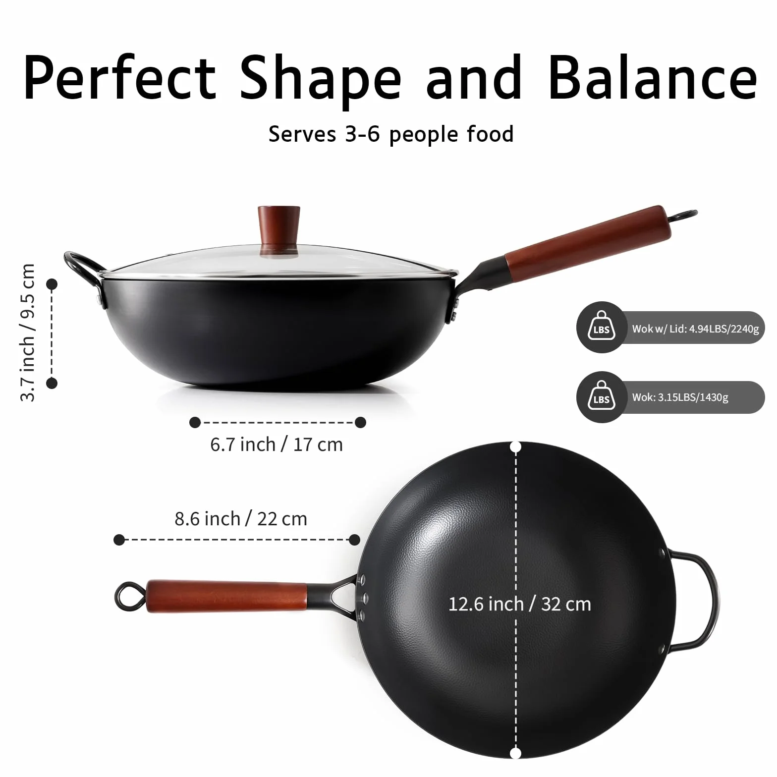 Kordisen Wok de Acero al Carbono 32cm con Tapa, Mango de Madera, Fondo Plano para Inducción y Gas, Antiadherente Natural, Gran Capacidad para 3-6 Personnes, Sartenes para Saltear Estilo Asiático | 17 cm Flachboden für Induktion, Gas, Elektro und Glaskeram