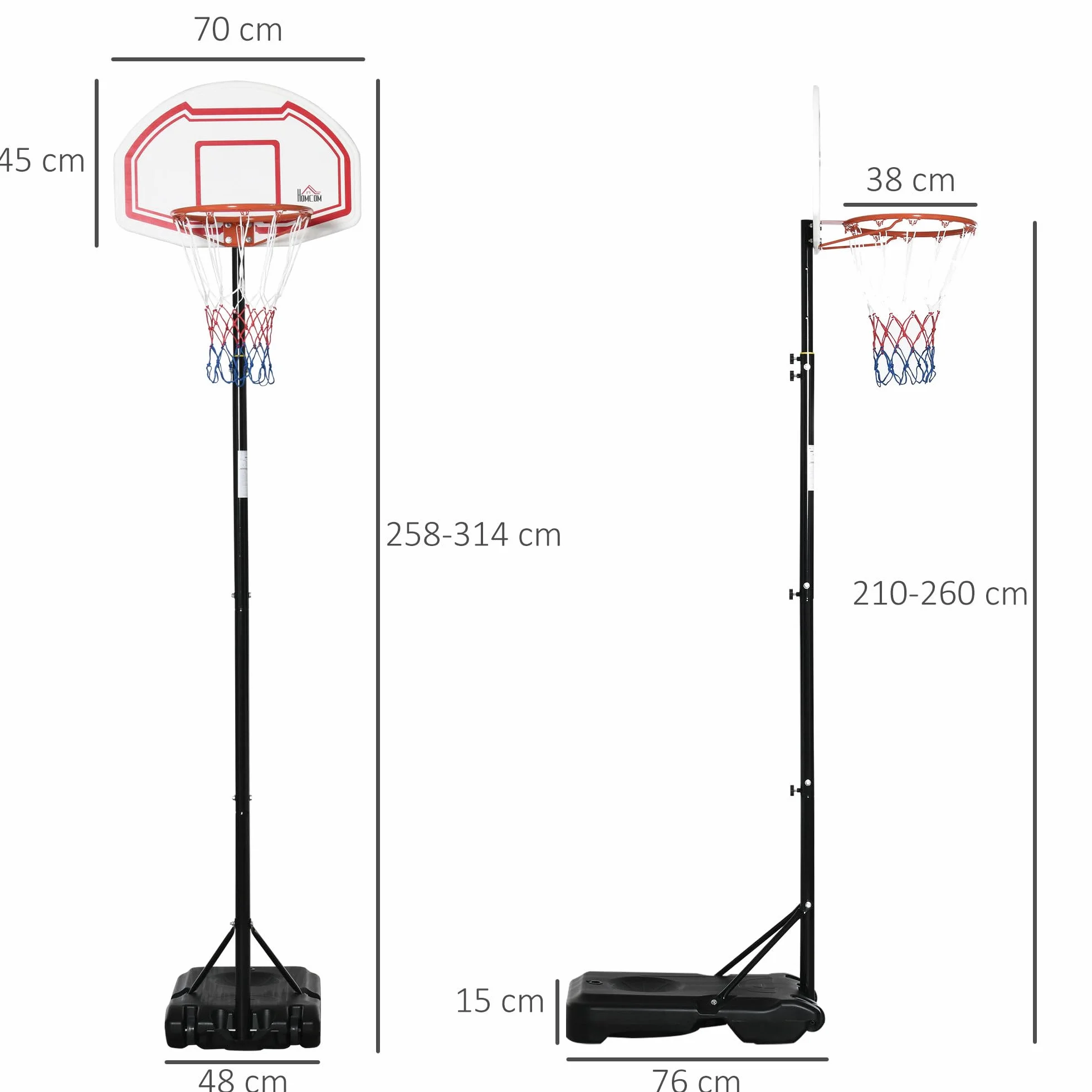 HOMCOM Canasta de Baloncesto Exterior Altura Regulable 258-314 cm Aro Base Rellenable Ruedas Negro Rojo