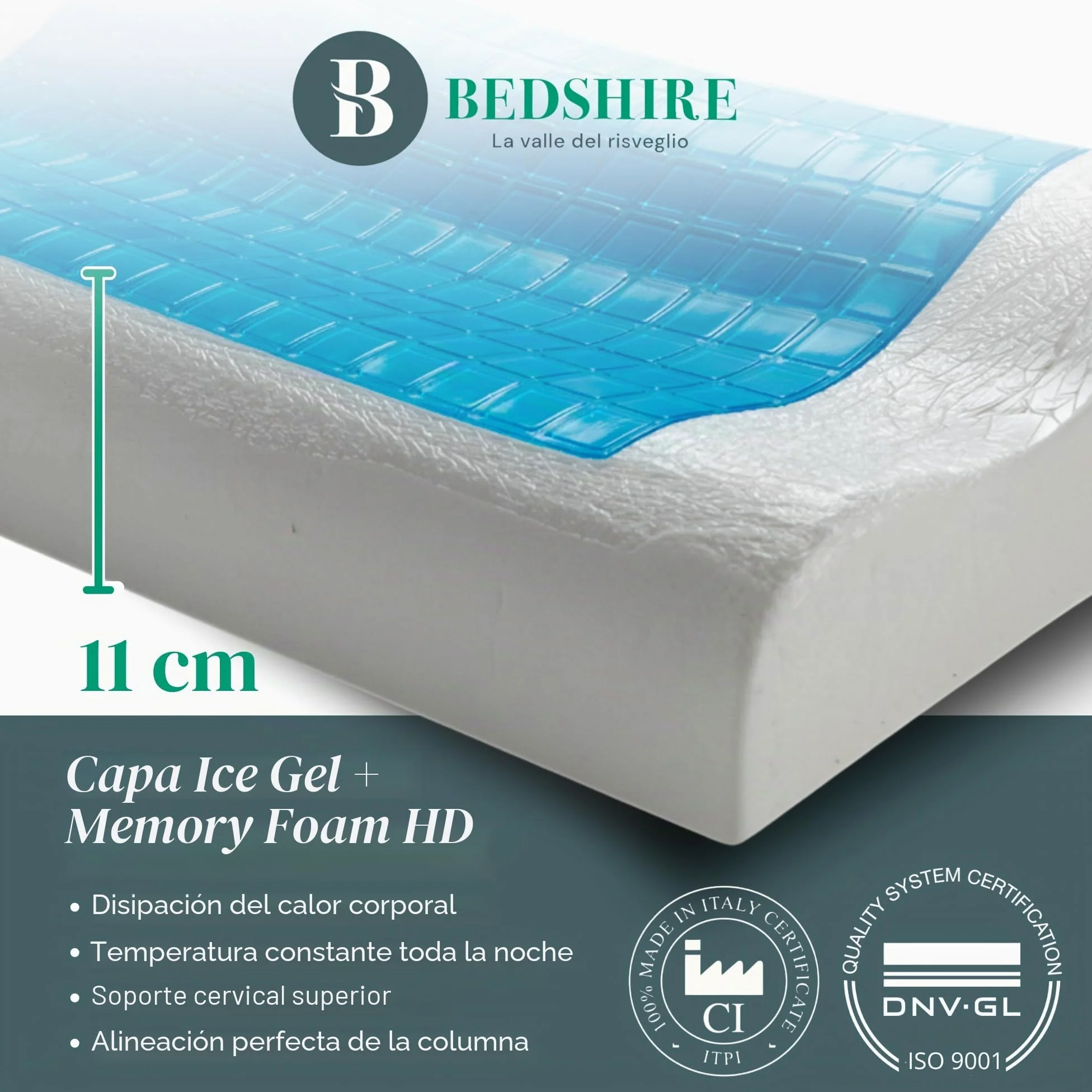 Bedshire Pillow - Almohada cervical, almohada ortopédica para cuello, de espuma viscoelástica HD, funda de algodón desenfundable con gel termorregulador y lados transpirables, 13 cm de altura
