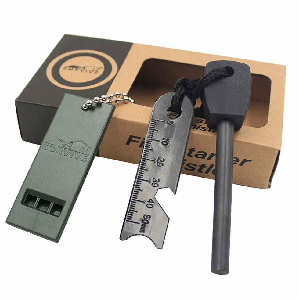 Pedernal Supervivencia Magnesio Mechero Kit 7 en 1 Encendedor con Mango de Madera 5/16" 10,000 Chispas para Acampada