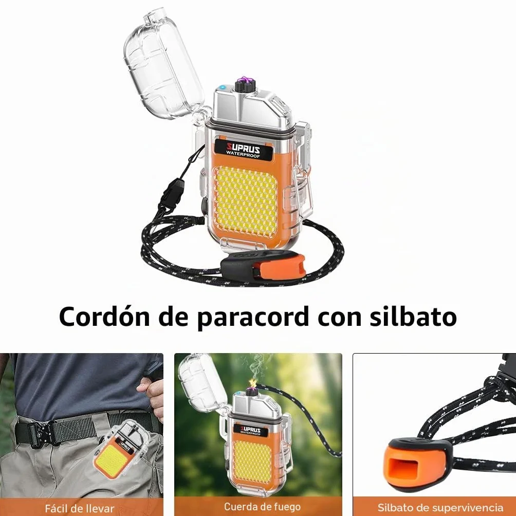 SUPRUS Encendedor de plasma recargable impermeable resistente al viento doble arco con silbato de emergencia naranja