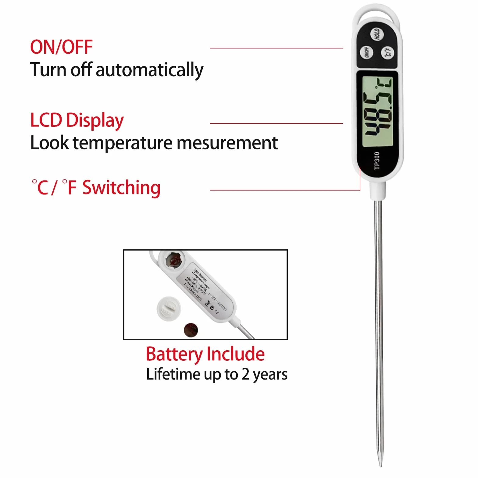 Termómetro cocina Termómetro Digital de Cocina,termometro agua bebe 3S Lectura Instantáne Pantalla LCD Retroiluminada&Calibration Termometro Alimentospara BBQ Comida Leche Agua Caramelo Líquido