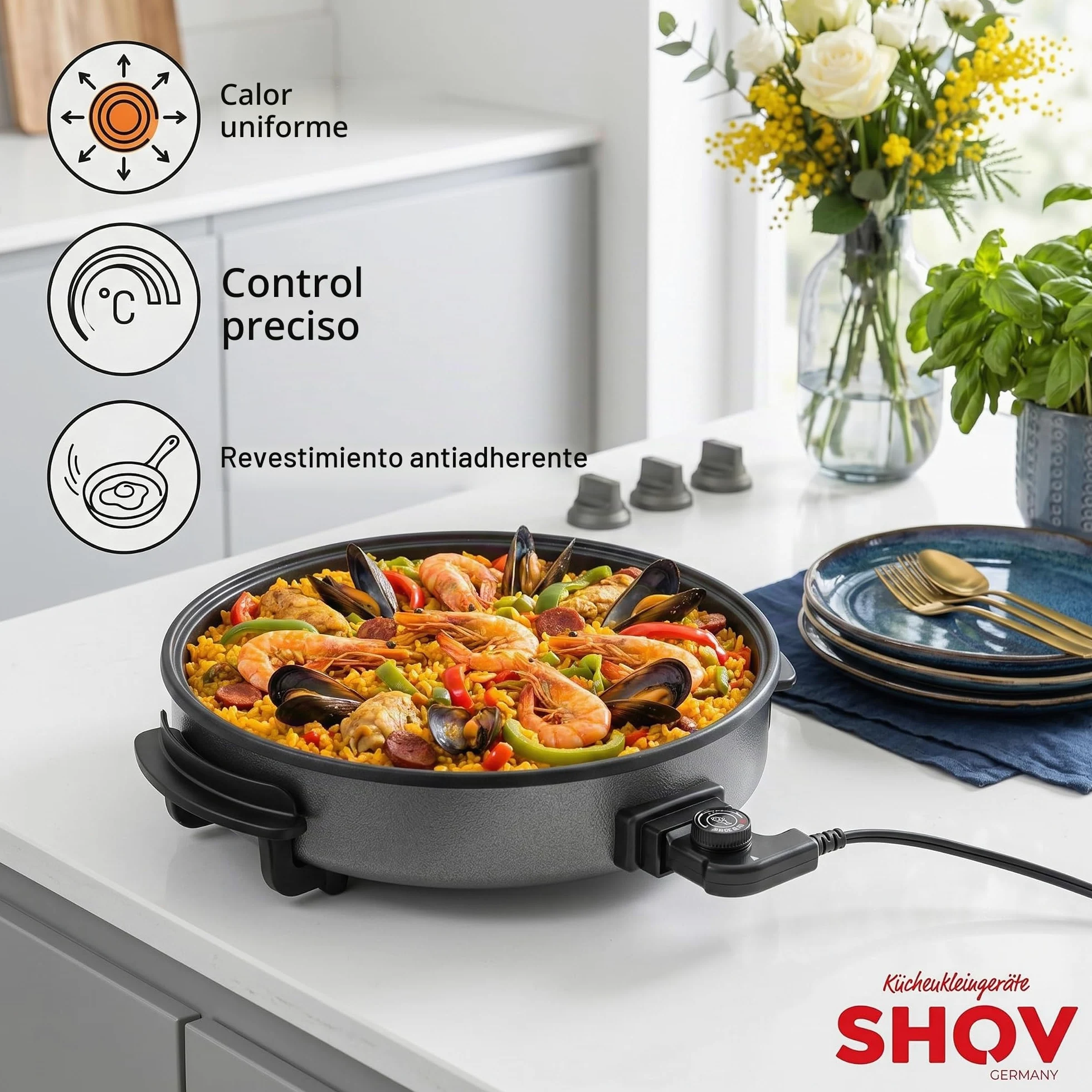 Shov Sartén eléctrica para pizza y multibräter XL – 48 cm de diámetro, 7 cm de profundidad | Sartén antiadherente y tapa de vidrio | 1500 W | Termostato ajustable para pizza, paella, giroscopios y