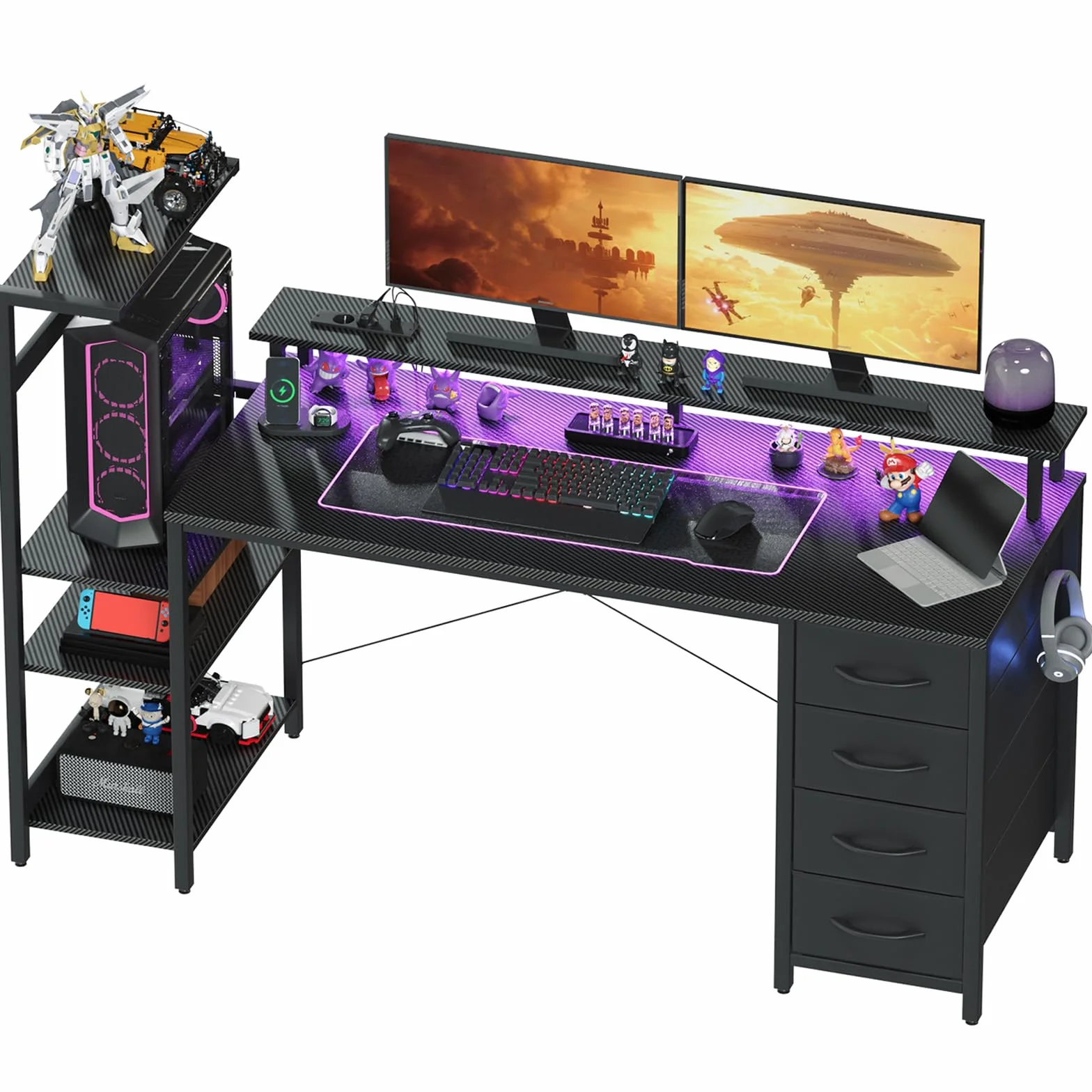 YOUDENOVA Escritorio para Gaming 150 * 50cm, Mesa de Juegos con iluminación LED y tomacorriente, Mesa de Ordenador con cajones, Fibra de Carbono Negro