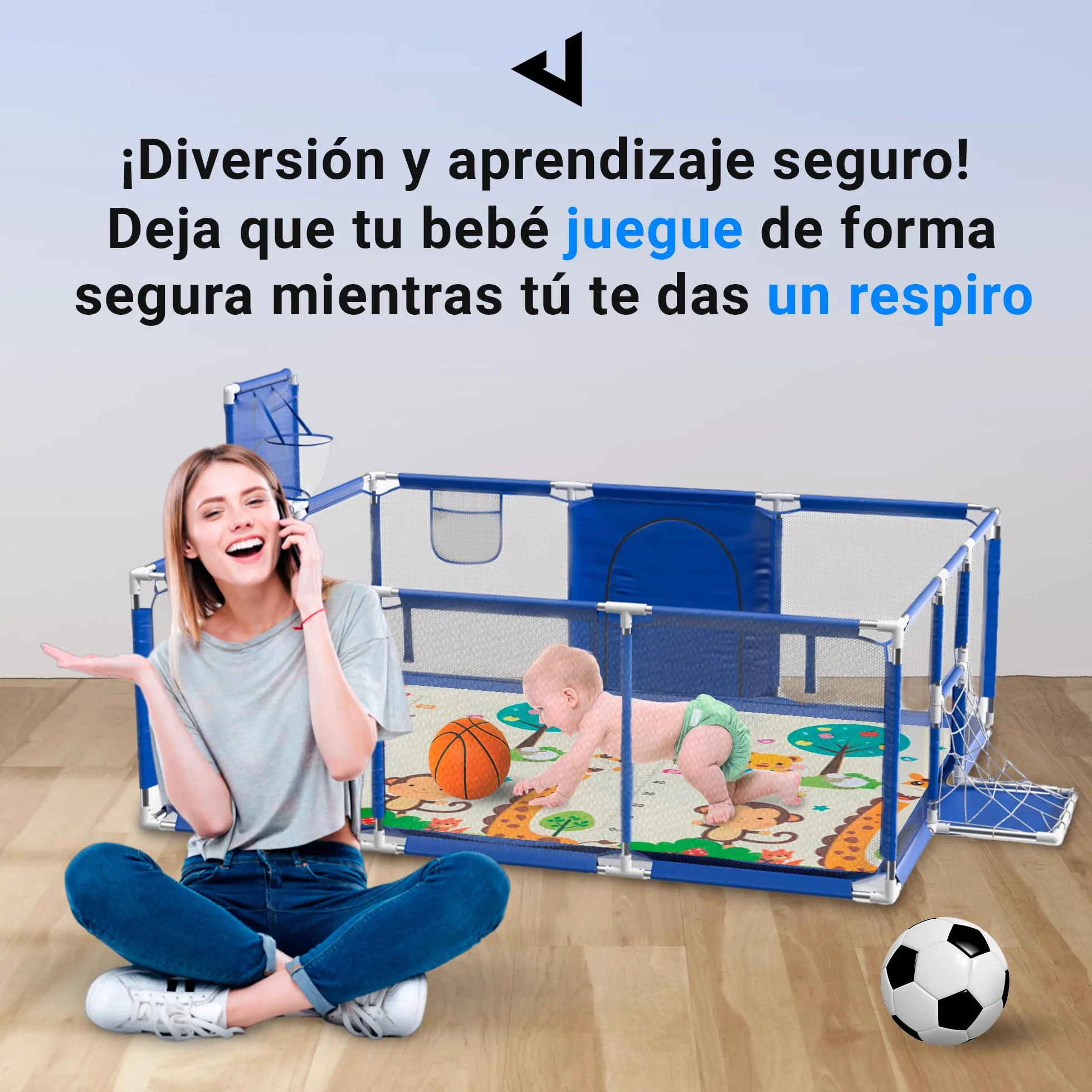 JUPPLIES Parque Infantil Bebe Plegable 180 x 120 x 60cm con Malla Transpirable Azul