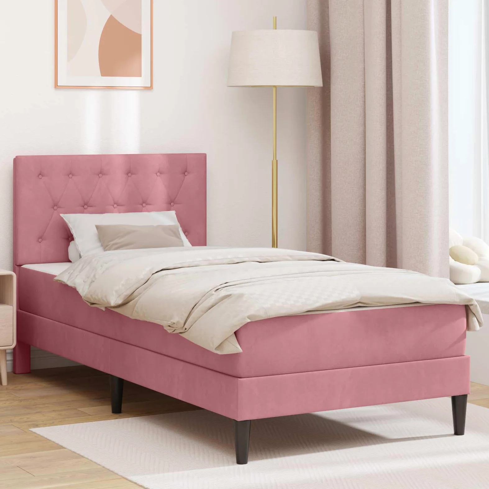 Estructura de cama con colchón de 100 x 200 cm de terciopelo rosa con cabecero, somier de láminas y espacio de almacenamiento, colchón de espuma fría transpirable, funda hipoalergénica, para