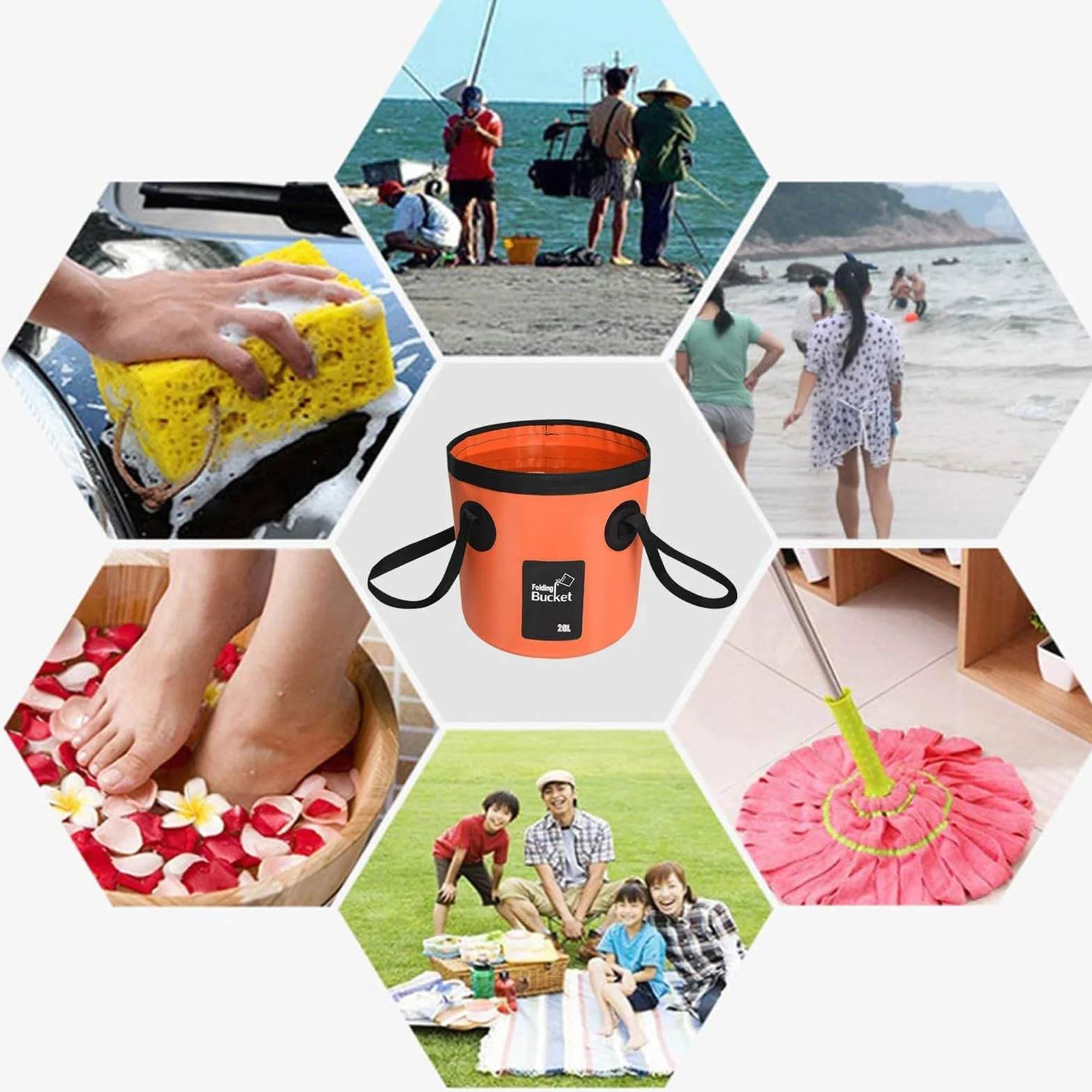 Cubo plegable ultraligero 20L para exterior camping pesca lavado coche naranja