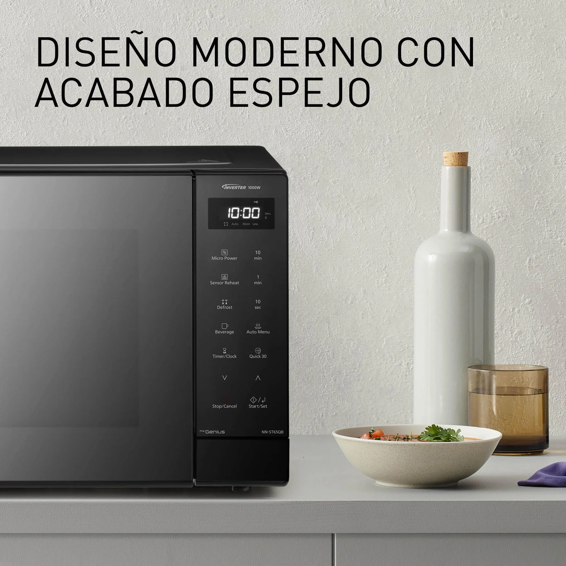 Panasonic NN-ST65QBEPG Microondas Solo Inverter 32L, 1000 Vatios Potencia, Tecnología Genius Sensor, 20 Programas Auto, Función Quick 30, Control Táctil, Plato Giratorio Grande, Negro