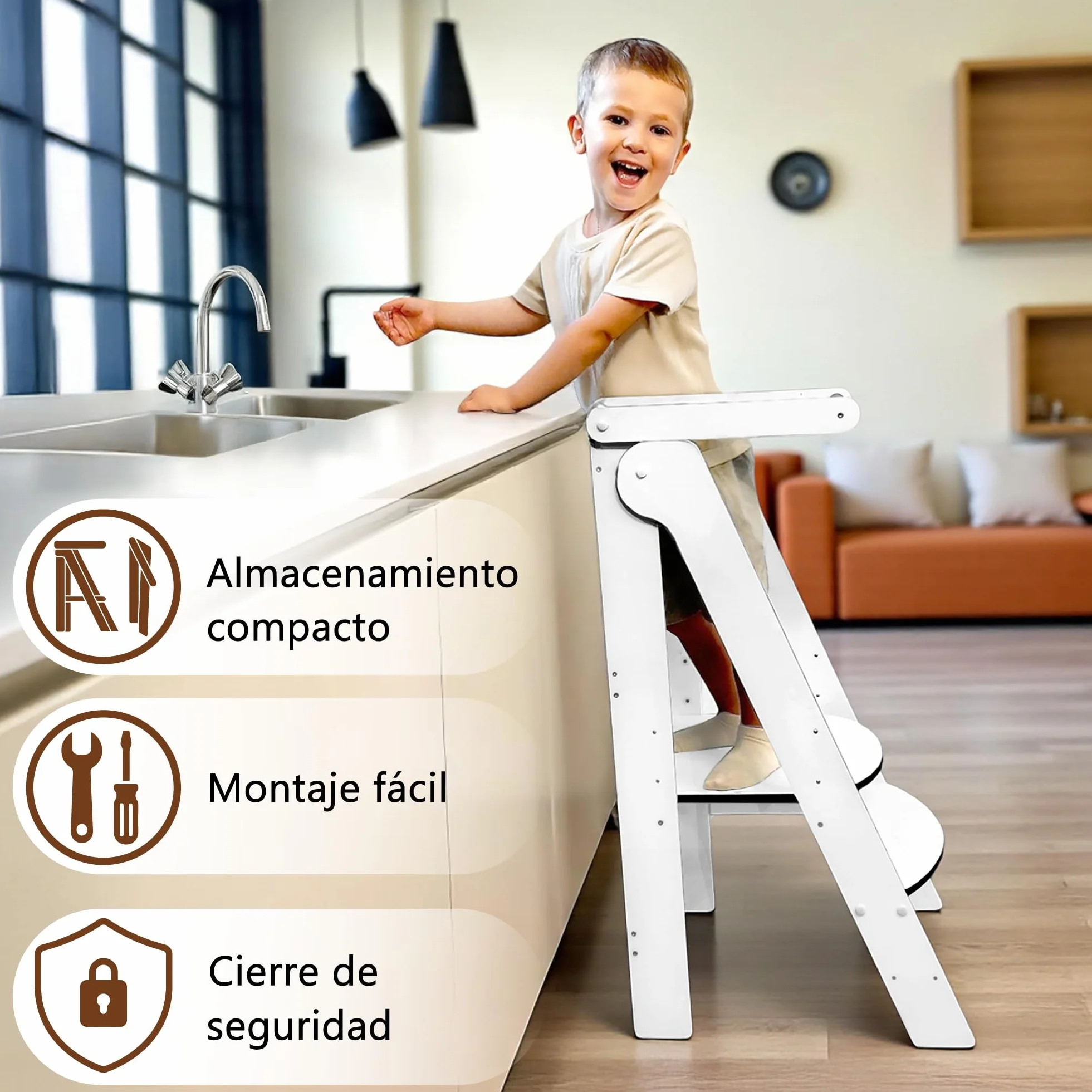 Torre de Aprendizaje Montessori Blanca Compacta, Evolutiva Niños, Escalera 2 Peldaños, Taburete Infantil