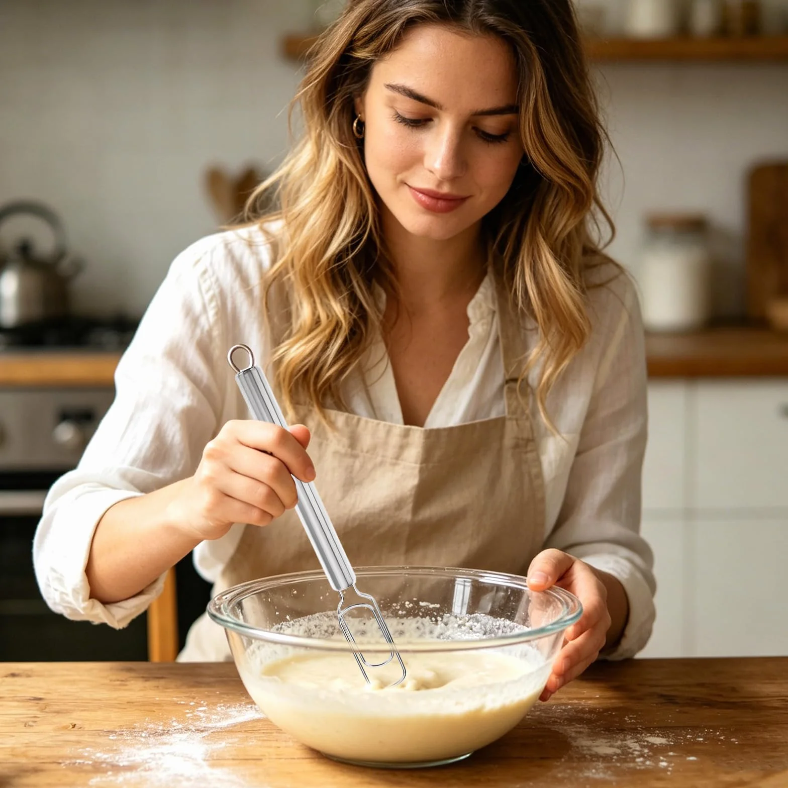 Batidor de Masa Herramienta, 30cm Mezclador de Masa de Acero Inoxidable, Herramienta de Mezcladora de Pan, Batidora Danesa de Masas Manual Acero para Levain ácido, Pan Artesanal, Masas para Pizza