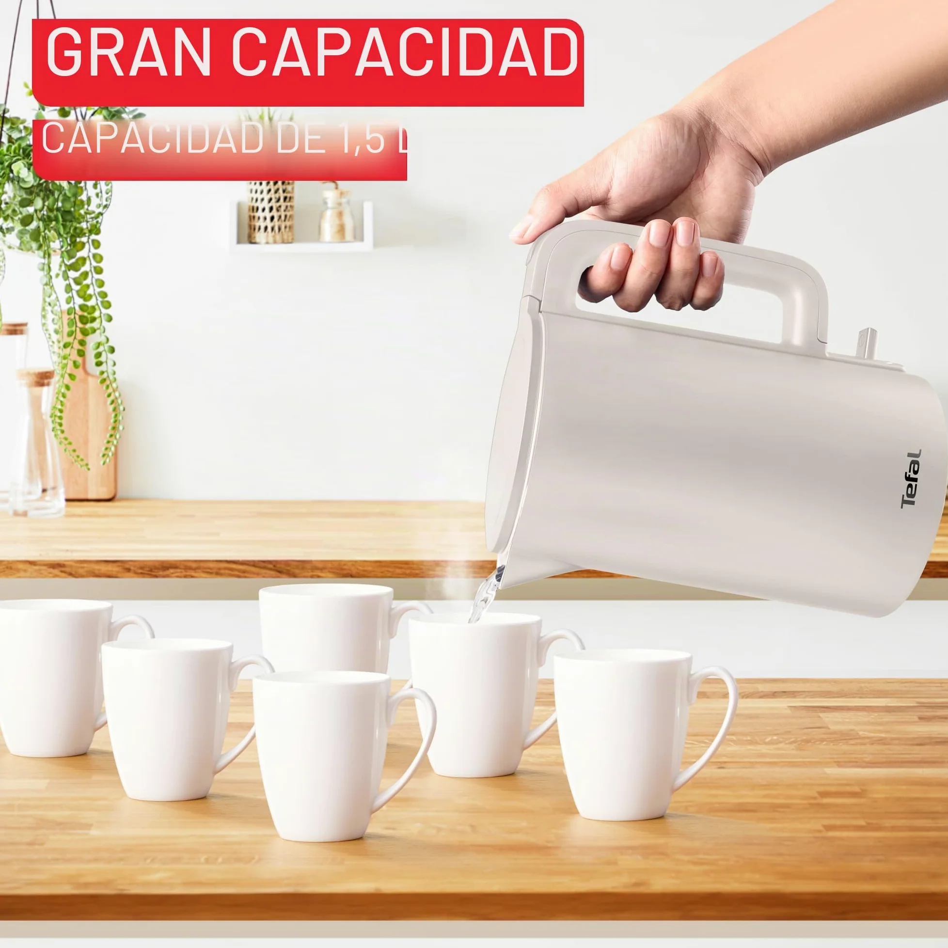 Hervidor eléctrico Tefal Thermo Protect, Safe to Touch, 1500W, Gris claro e interior inox, KO140BE0