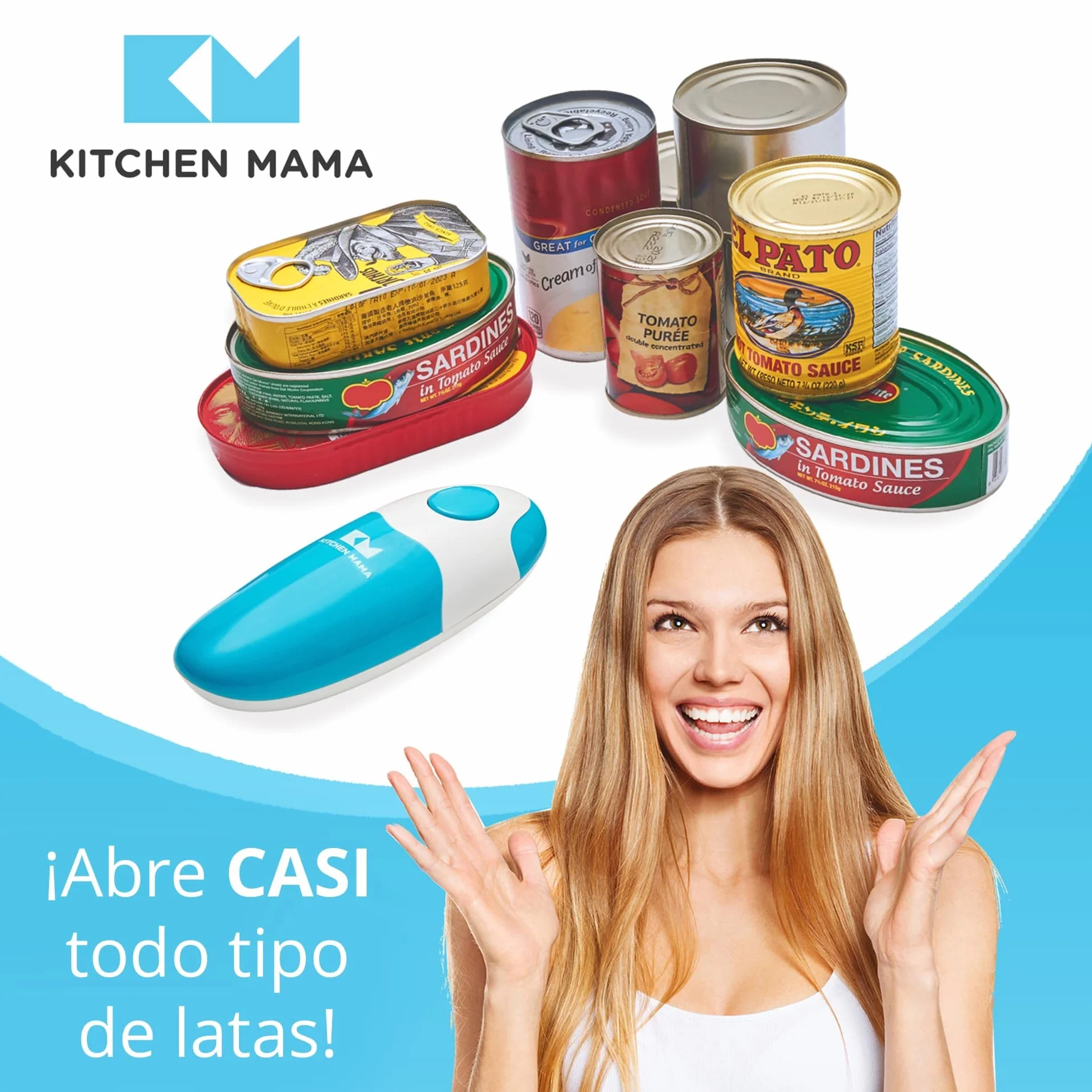 Kitchen Mama Abrelatas eléctrico Auto, automático, manos libres, borde liso, apto para alimentos, funciona con pilas (Azul cielo)