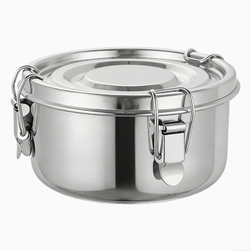Cuenco de arroz de acero inoxidable 304 con tapa y hebilla, olla de vapor hermética para congelar alimentos, utensilios de cocina de larga duración, 1 pieza (juego de seis piezas)