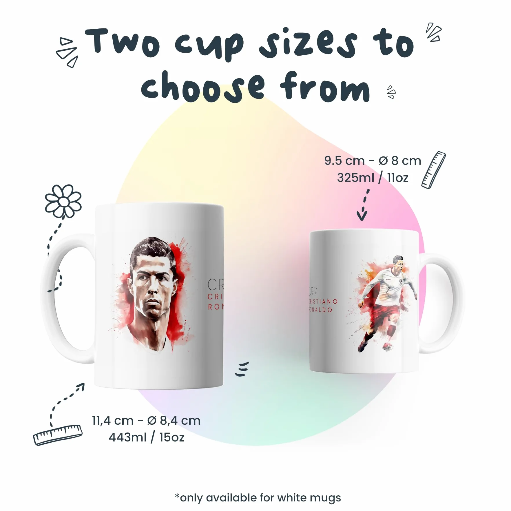 Taza de acuarela Cristiano Ronaldo blanco y negro