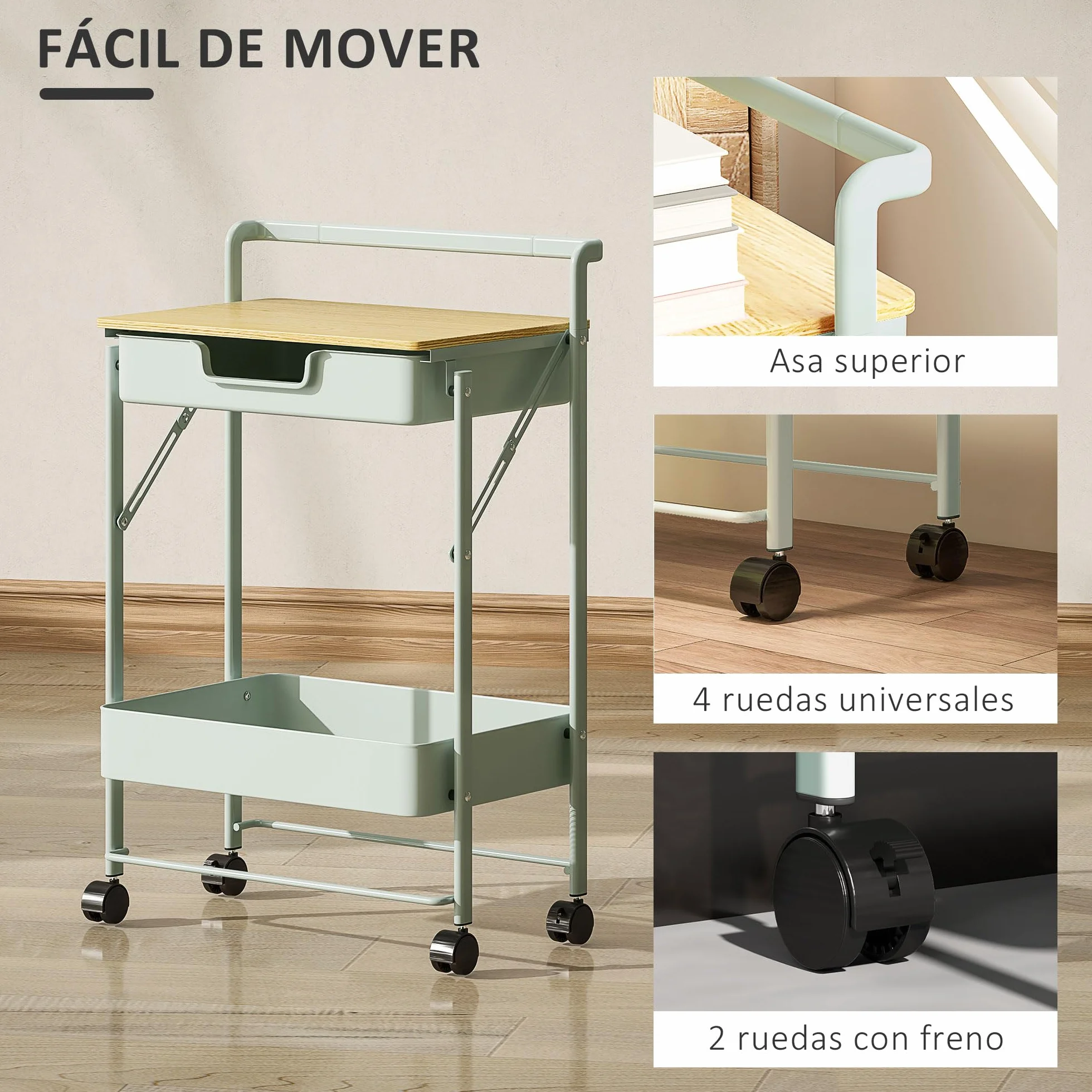 HOMCOM Carrito Auxiliar con Ruedas de 2 Niveles Carro de Cocina con 1 Cajón y 1 Cesta Carrito Organizador para Dormitorio Salón Oficina Verde Claro