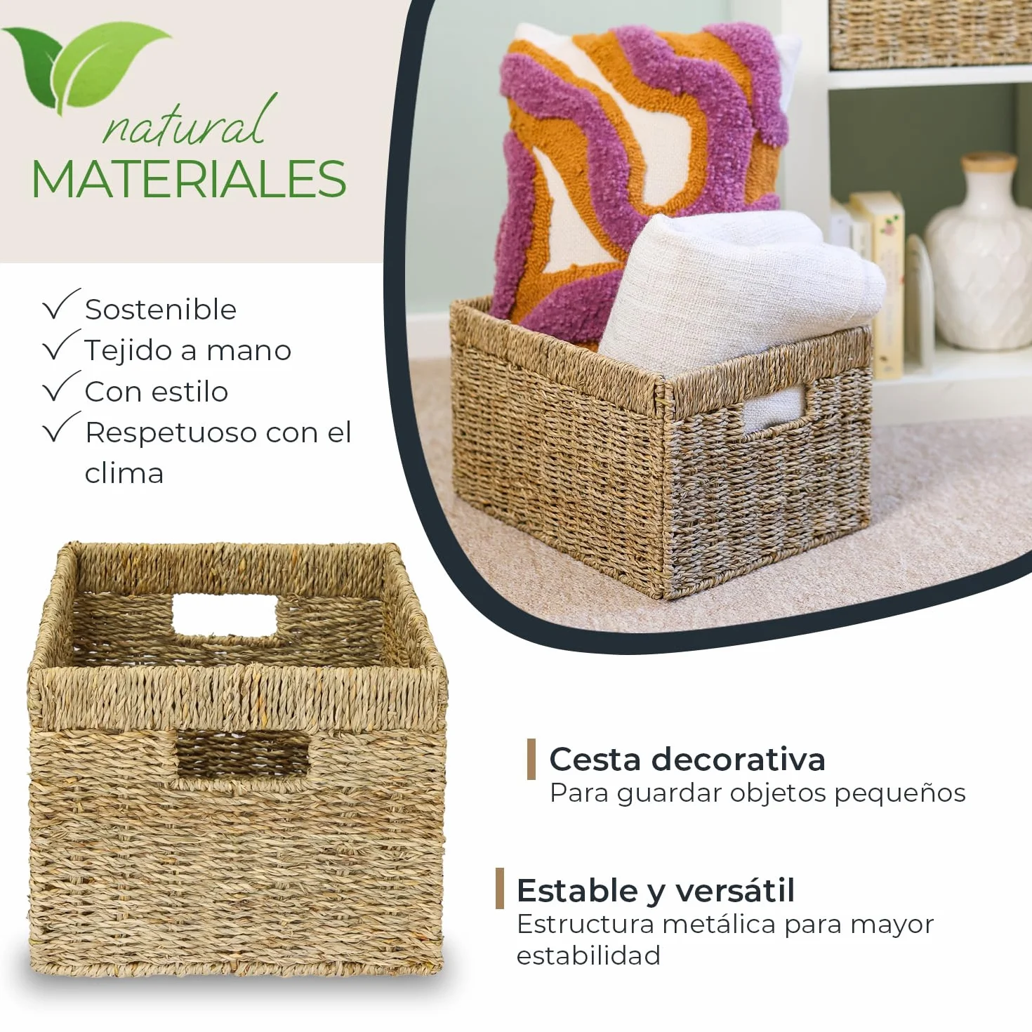 Cesta de almacenamiento compatible con estantería Billy, trenzada de hierba marina, juego de 2, 35 x 25 x 20 cm, Natural