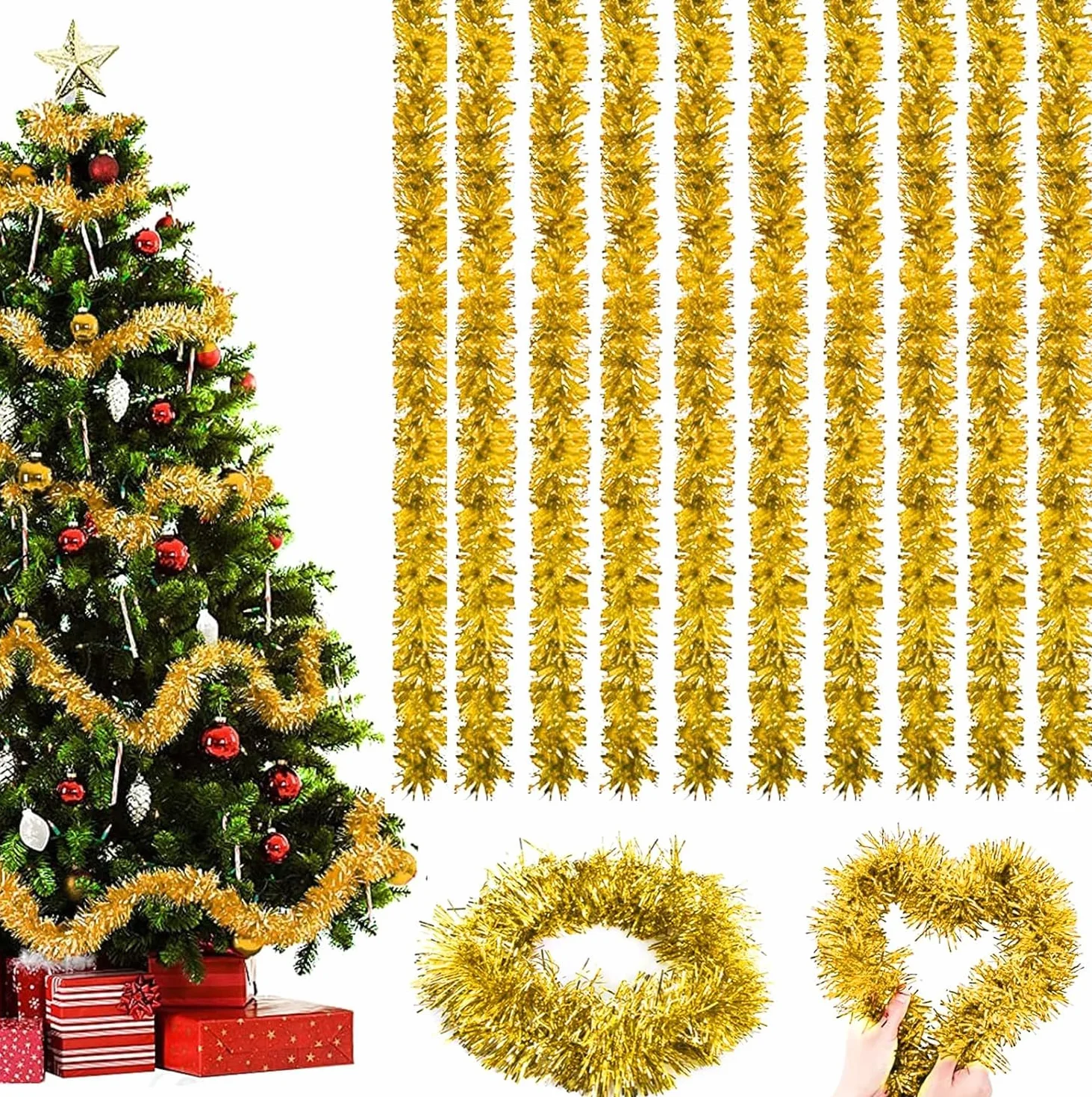 10 guirnaldas de espumillón de Navidad, guirnalda de 2 m para árbol de Navidad, guirnalda de lametta, espumillón brillante, guirnalda de decoración de árbol de Navidad, para Navidad, bodas, fiestas de