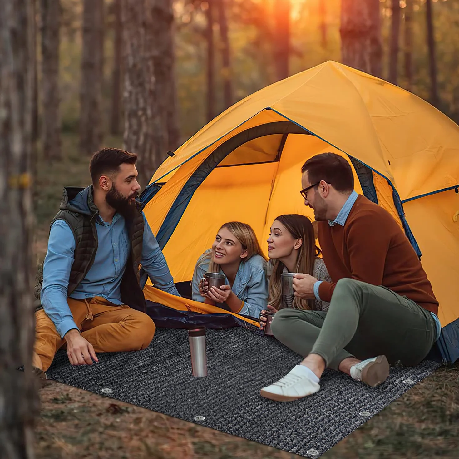 Alfombra para Toldo Transpirable Antideslizante Lavable Camping Exterior 12 Agujeros 13 Clavijas Bolsa Transporte Gris Azulado