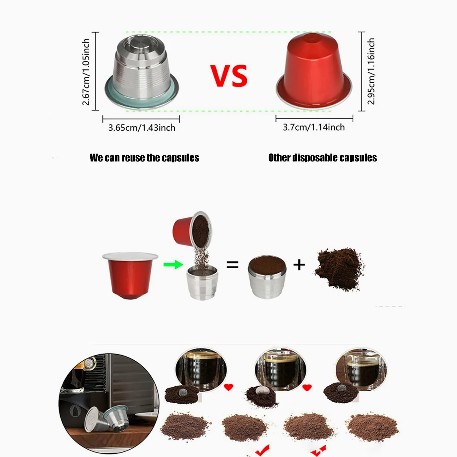 Greabuy Cápsulas de café de acero inoxidable con cuchara, papel de filtro y cepillo para mantenimiento de máquinas, juego de accesorios de café