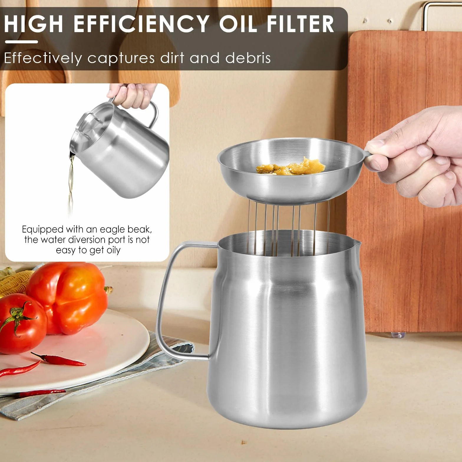 UKQRRTC Olla de almacenamiento de aceite con tapa de filtro y cesta para freír, 1,5 L/2 L, gran capacidad, colador de grasa y recipiente para cocina o freír aceite (2 L)
