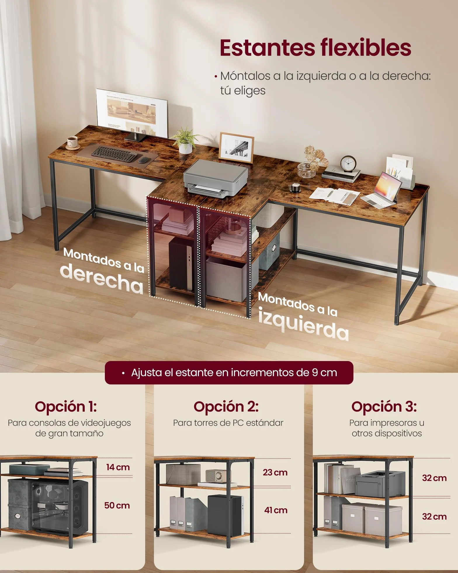VASAGLE Escritorio en L, Escritorio Gaming para Ordenador con Estantería, Baldas de Altura Regulable, Estación de Trabajo para Estudio y Oficina, 110 x 80 cm, Marrón Rústico LWD135KD01