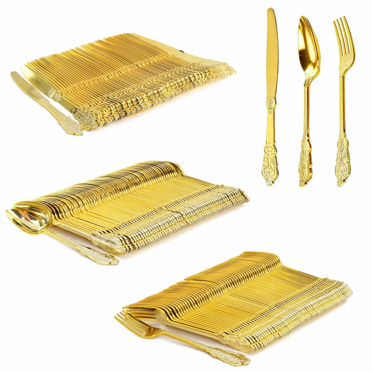 Juego de cubiertos de plástico dorado vintage de 180 piezas, 60 cuchillos, tenedores y cucharas | Lavable, reutilizable, resistente. Cubiertos pulidos. Duradero y elegante para bodas, fiestas de cumpleaños, eventos