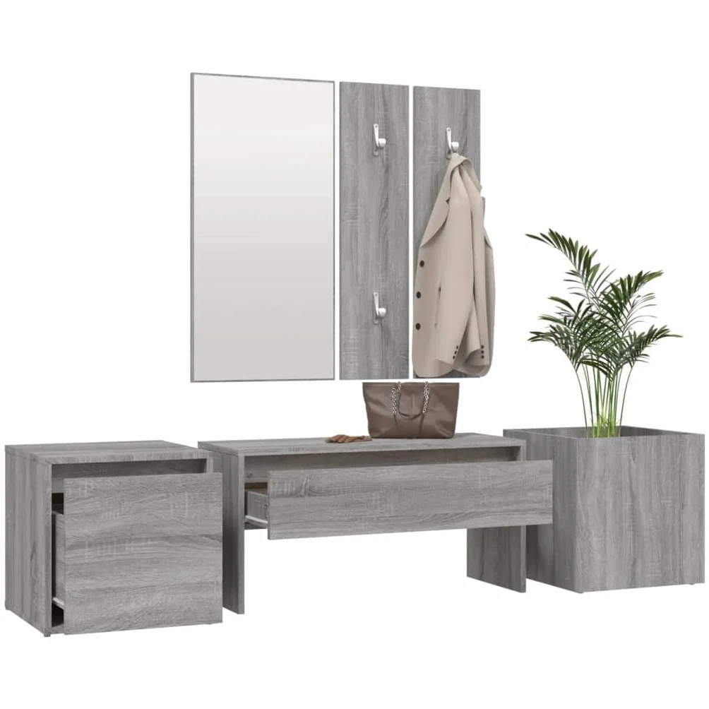 Juego de percheros Sonoma gris de madera con flurbank, espejo, caja de almacenamiento, jardinera, banco, cajón, espacio de almacenamiento para pasillo, entrada, soporta hasta 110 kg