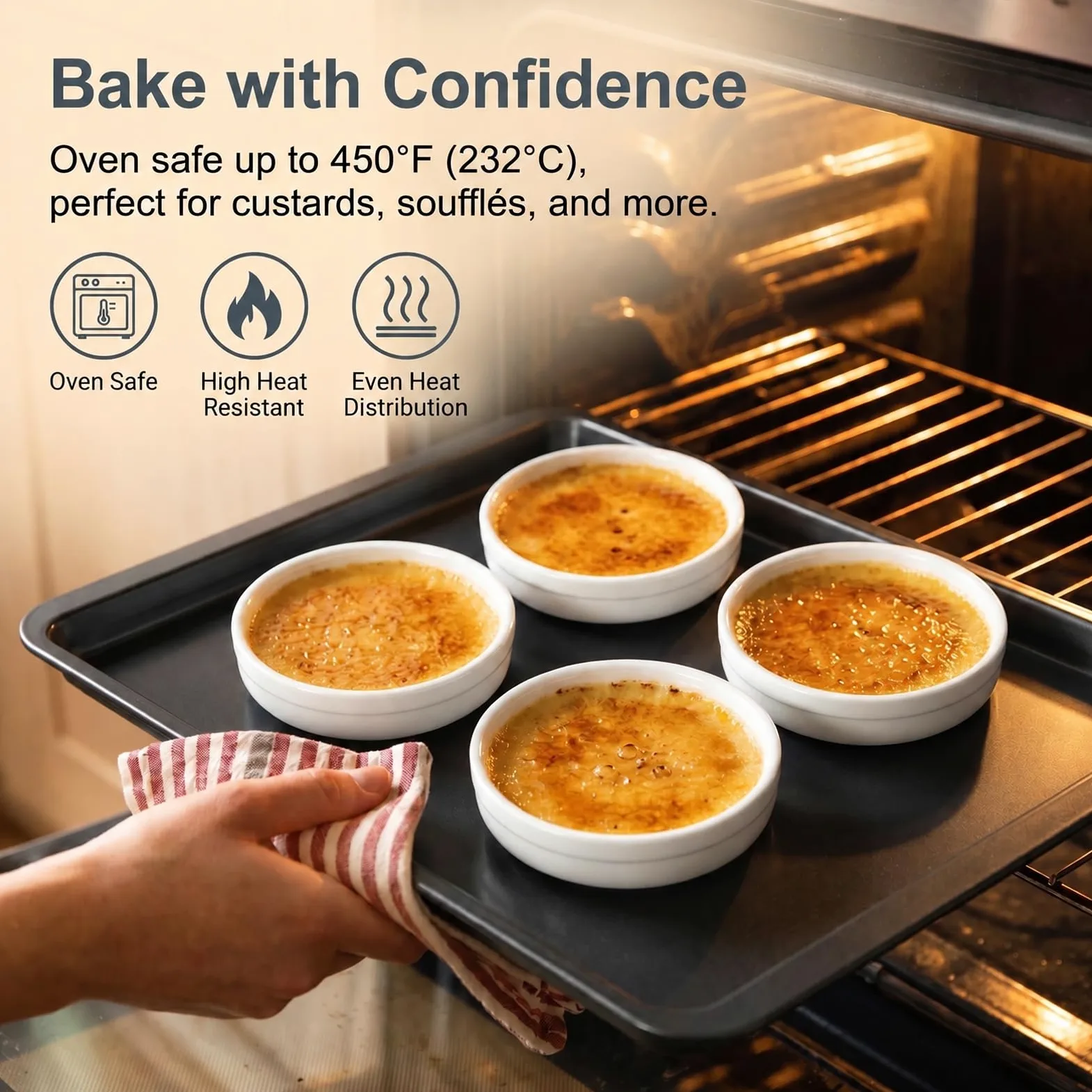 ONEMORE Creme Brulee Ramekins - Platos de cerámica para hornear de 4 onzas, juego de ramequines aptos para horno, tazas pequeñas de porcelana para soufflé, natillas, salsa de inmersión, utensilios de
