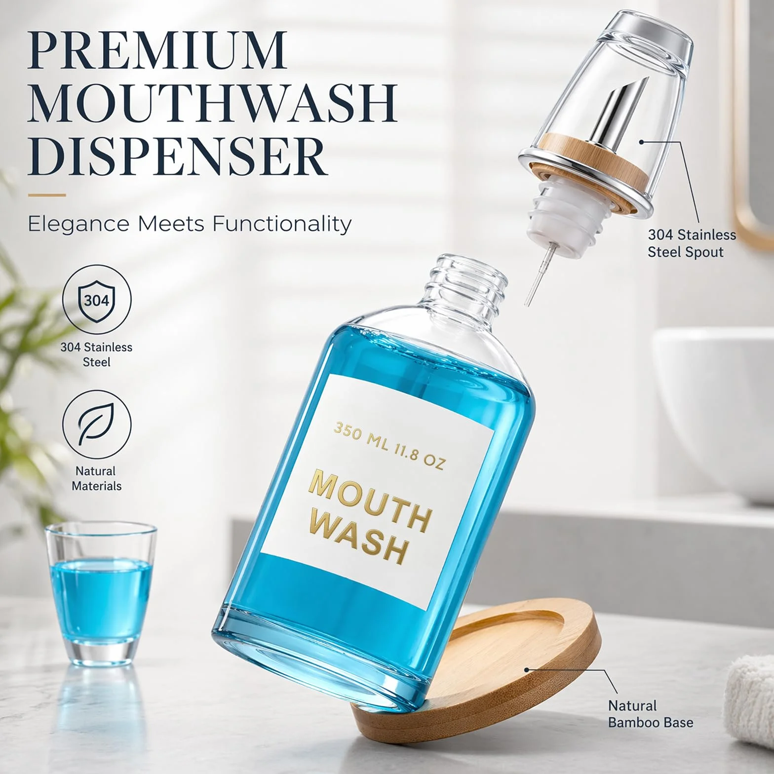 Dispensador de enjuague bucal de 350 ml, dispensador de vasos con bandeja de bambú, embudo de acero inoxidable, pegatinas, vaso de cristal, para baño, manual, antigoteo, vidrio de calcio de