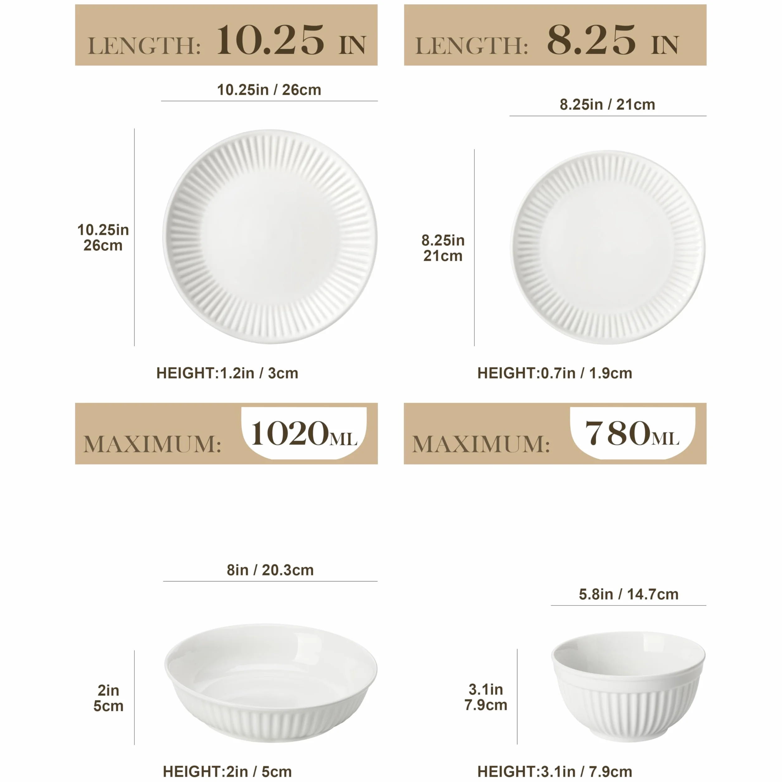 MALACASA Vajillas Completas 6 Personas de Porcelana, 24 Piezas Juego de Vajilla Modernas con Relieve Ondulado, Blanco - Serie LEILA