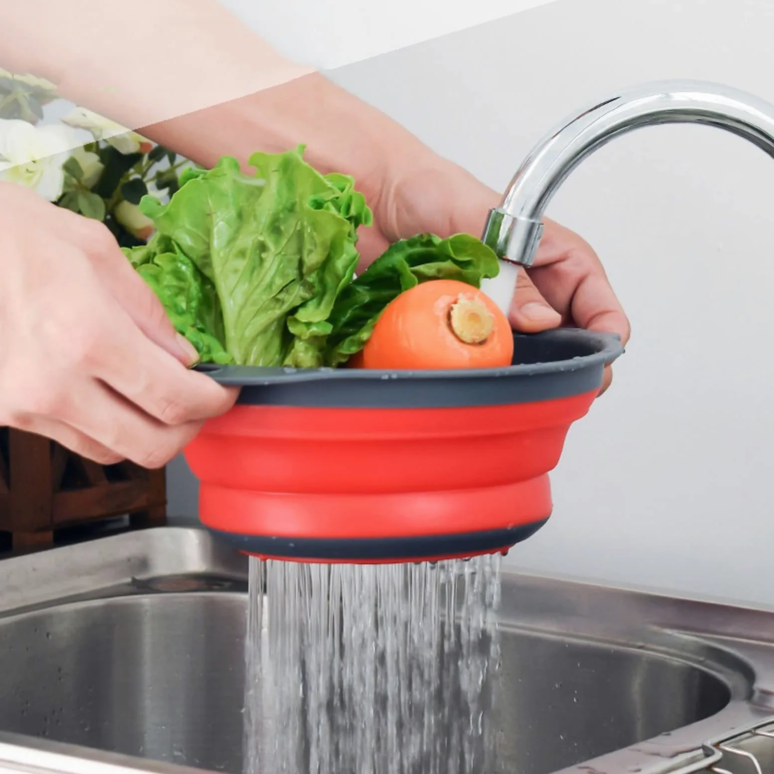 Cesta coladora plegable para fregadero, cesta de drenaje para frutas, verduras, escurridor plegable con asa, herramientas de almacenamiento de cocina (verde)