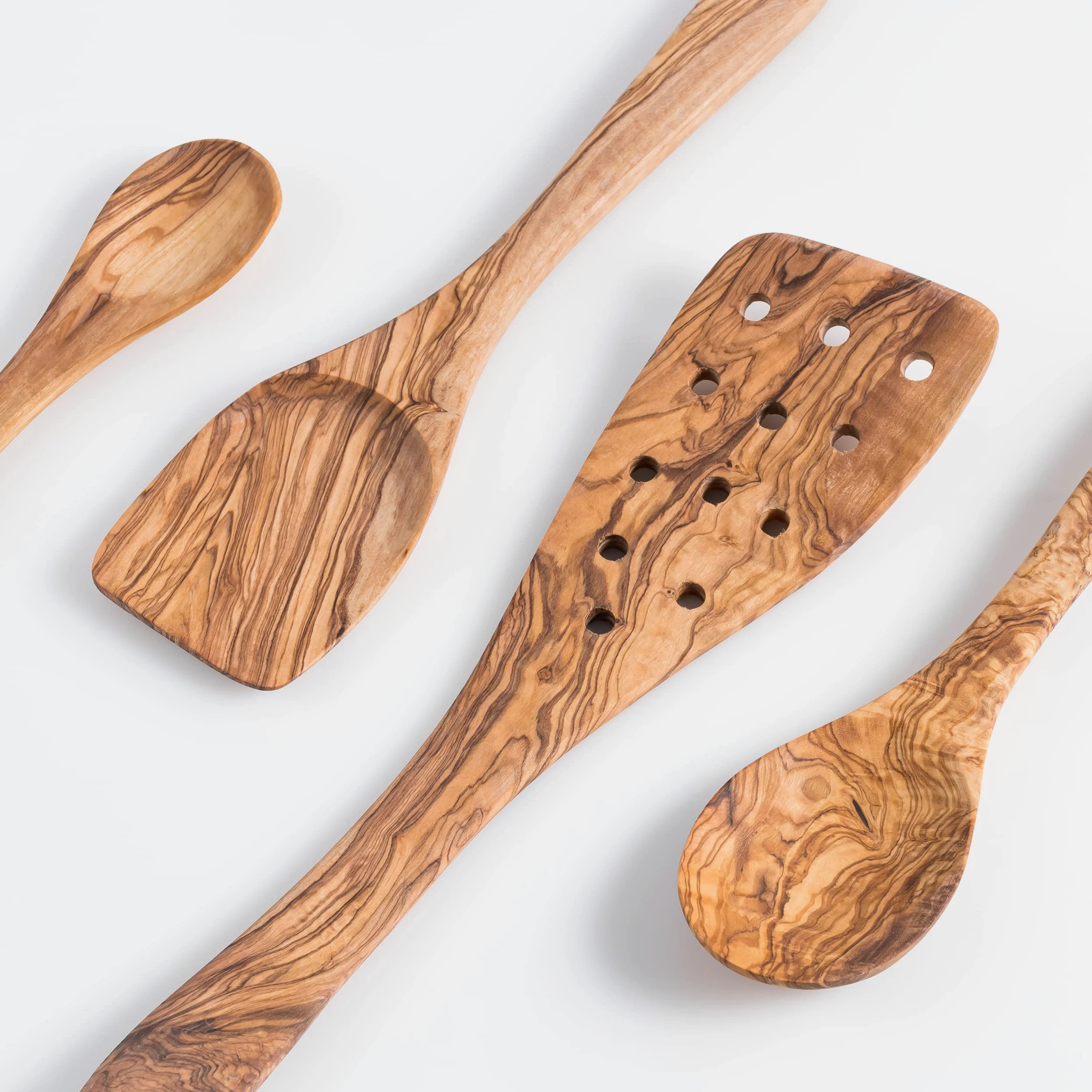 Set de 3 cucharas de cocina de madera de olivo Darido con cuchara extra pequeña - 30 cm - hecho a mano - resistente al calor - Utensilios - cuchara, espátula, espátula ranurada y cuchara pequeña