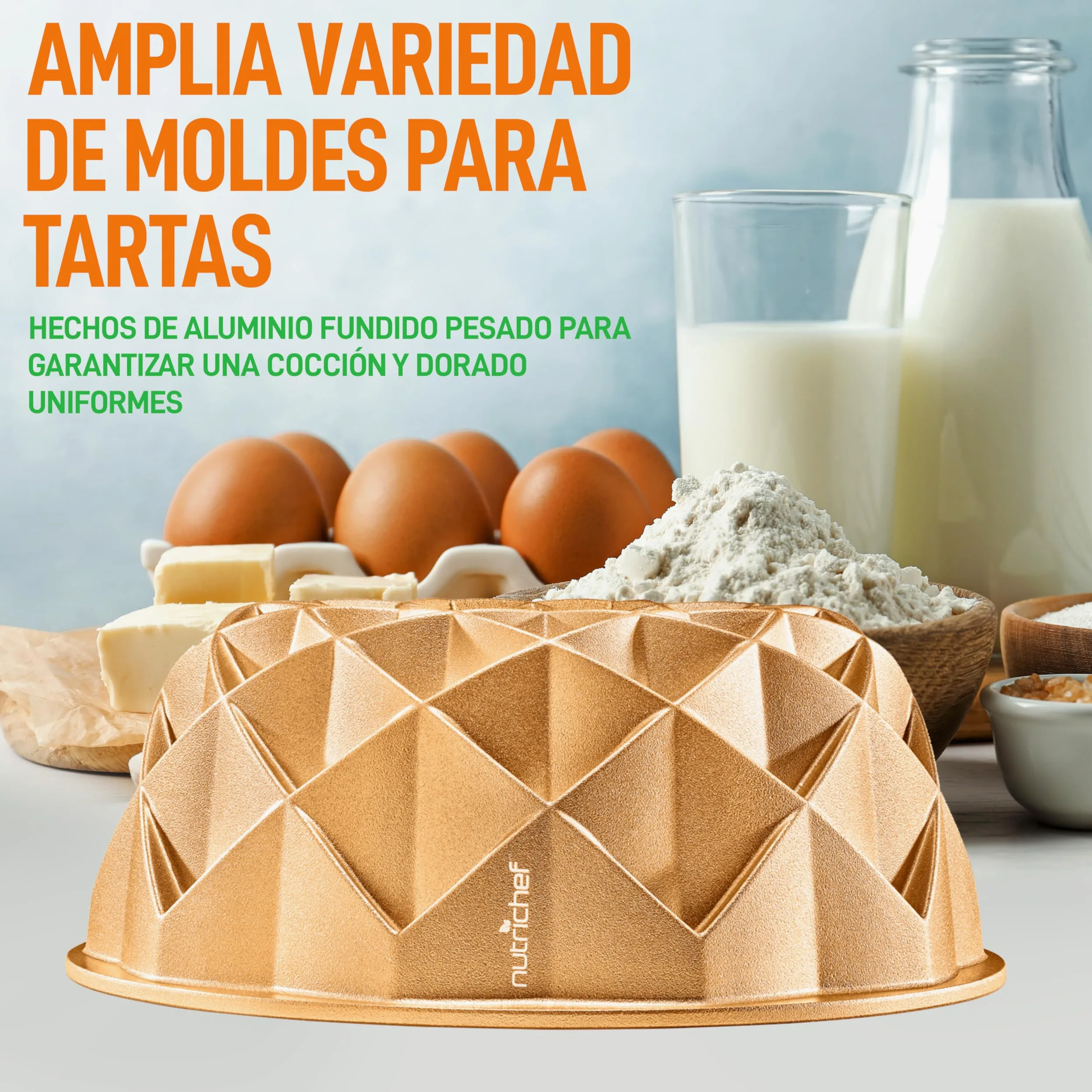 NutriChef molde bundt redondo antiadherente, Aluminio fundido, 23 cms, Diseño aro francés, Bandeja para horno, Bizcochos y tartas, Repostería casera, Cocción uniforme, Fácil de limpiar
