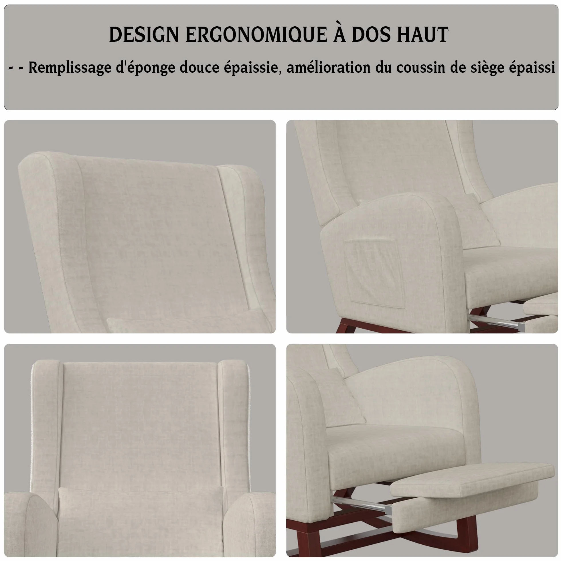 Mecedora de lactancia Lin Beige con reposapiés y reposabrazos, madera maciza, 67x64x99 cm
