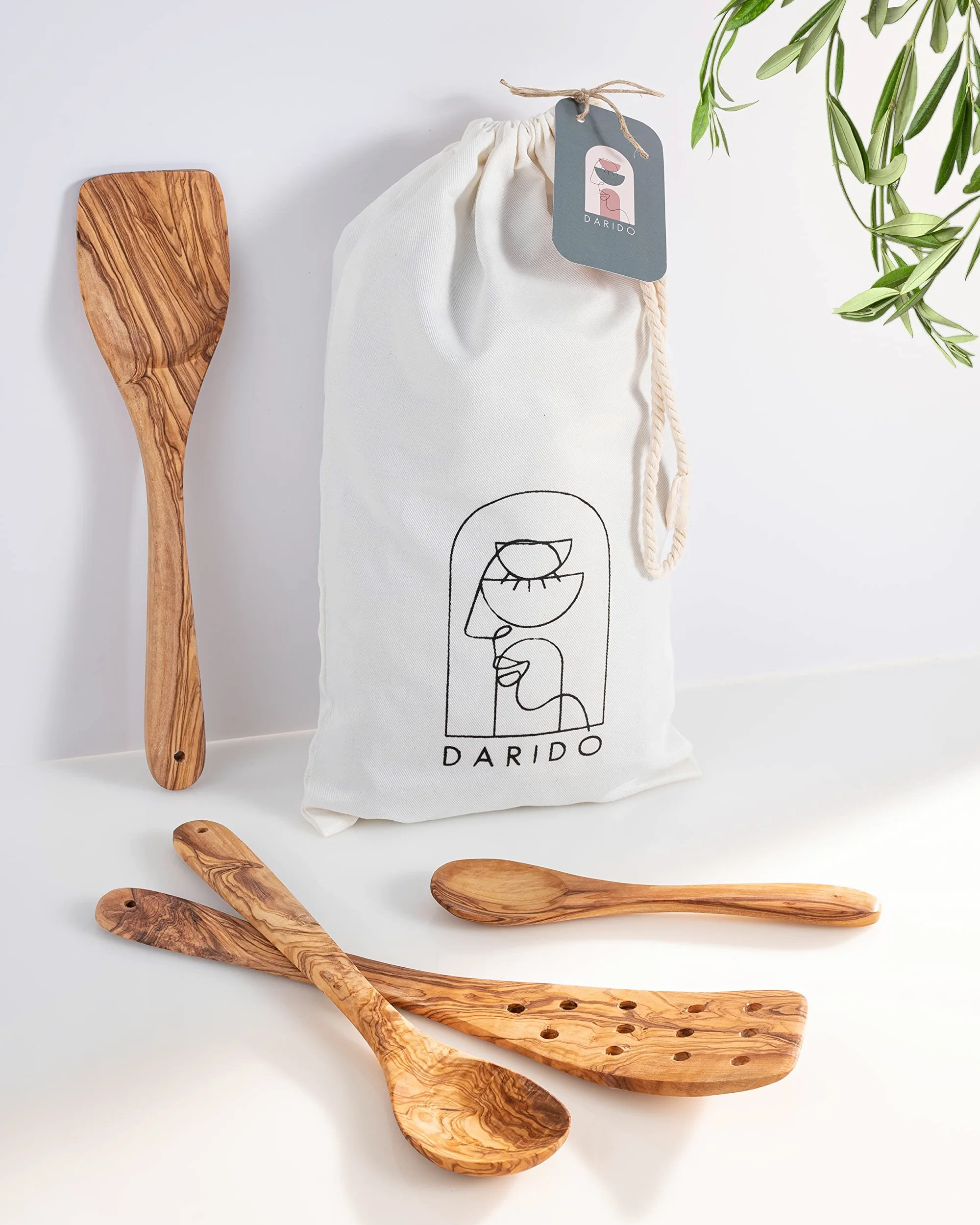Set de 3 cucharas de cocina de madera de olivo Darido con cuchara extra pequeña - 30 cm - hecho a mano - resistente al calor - Utensilios - cuchara, espátula, espátula ranurada y cuchara pequeña