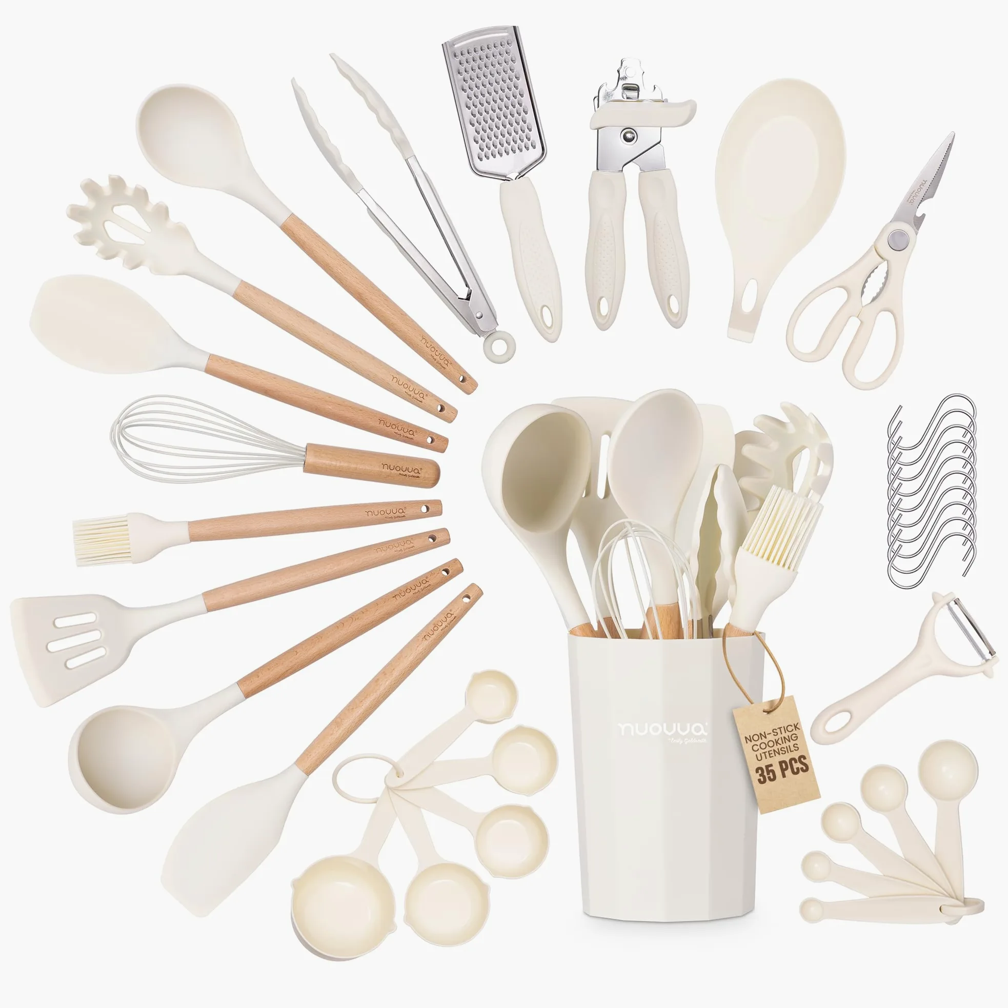 Juego de utensilios de cocina antiadherentes, utensilios de silicona resistentes al calor con mango de madera, cucharones, cucharas y espátulas