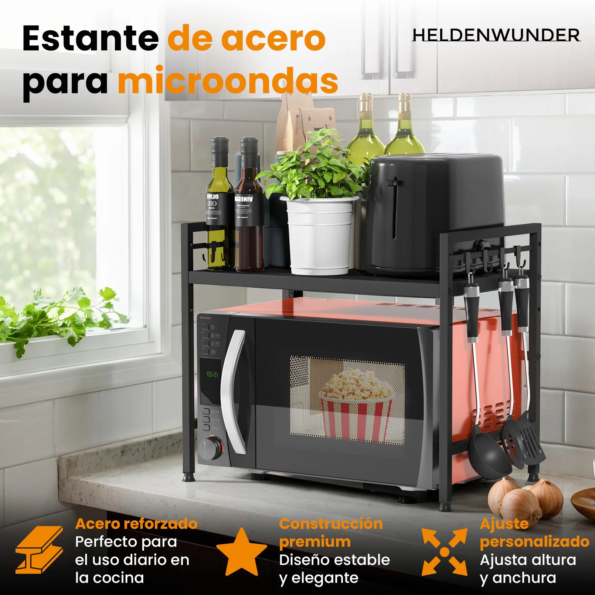 Heldenwunder Estantería Microondas Estantes Cocina Acero (2 Niveles) | Mueble Microondas Horno Estanterias Almacenaje Organizador Estante Panadería Ajustable + Instrucciones en Vídeo, Ganchos – Negro