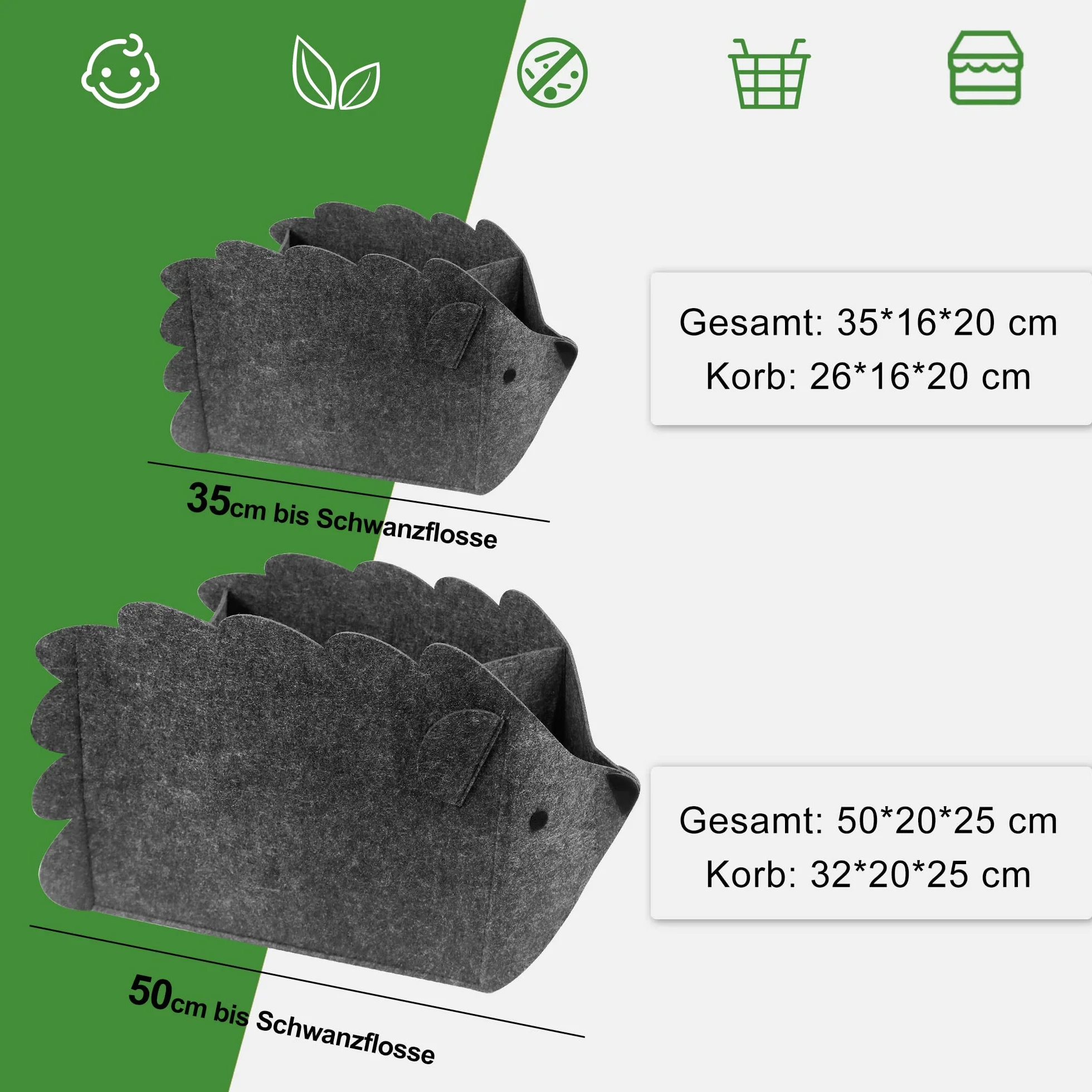 Caja de almacenamiento de fieltro plegable 30L para niños, organizador en forma de erizo, cesta de ropa (juego de dos)
